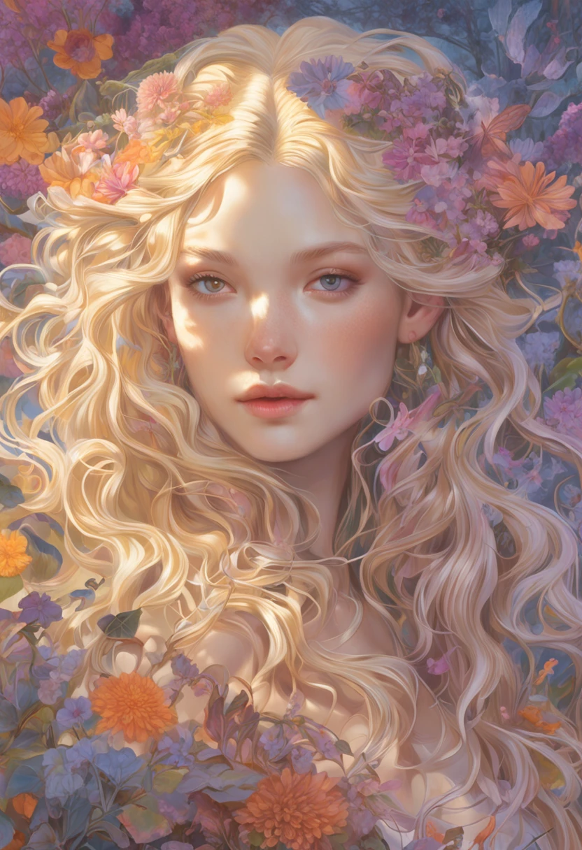 Violet Eve Garden,Long curly blonde hair, autumnal,fantasy, Sunlight, rays of sunshine, intricately details. 8K, Dreamlike, surrealism, Symmetrical, Soft lighting, trending on artstationh, Intricate details, art illustration by Miho Hirano, oil on the canvas, Oil painting, Heavy strokes,