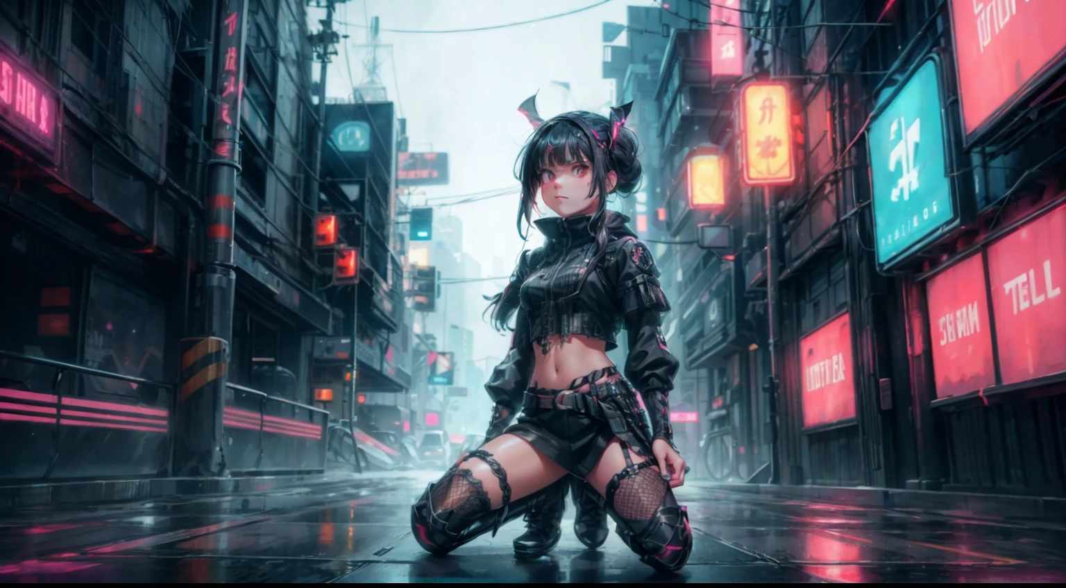 A photograph with an extreme perspective shot from hip level up, full body shot, A caucasian cybergothic girl with asymmetric clothing, standing on the left side of the picture, skulls and metal belts, a short leatherskirt, a cropped top and a fishnettop on top, one knee high lace sock and combatboots. She has black hair and neon hairstrands, with bangs and some loosely braided strands. A lot of plastic tubelike hair accessories glowing. The background is a blurred cyberpunk city with neon lights.