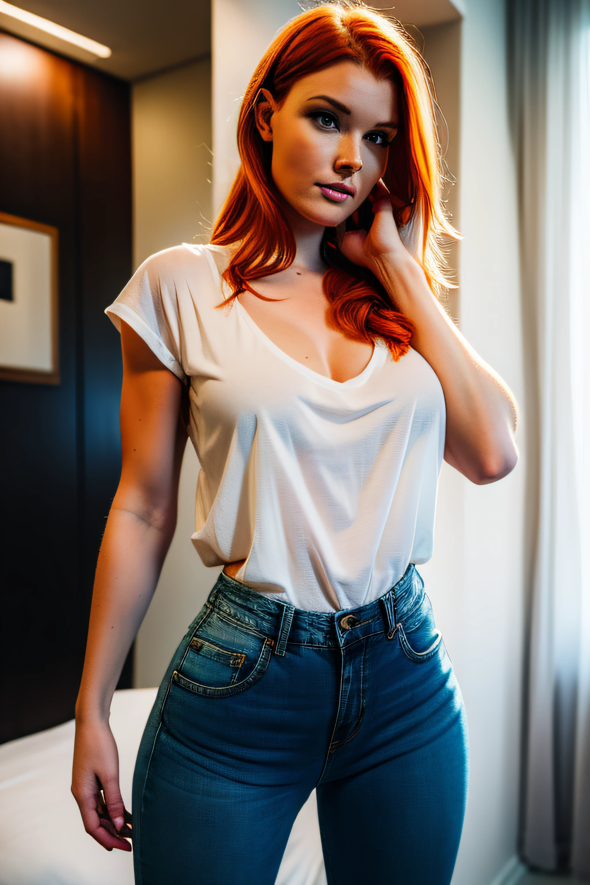 beautiful 25 year old australian woman, ginger hair, she wears a casual white shirt and pulls it down, huge beautiful breasts, huge tits, huge boobs, she wears super tight jeans, her arms are covered in tattoos full off colours, she stands seductively and looks at camera, she is fit, strong and has slim waist