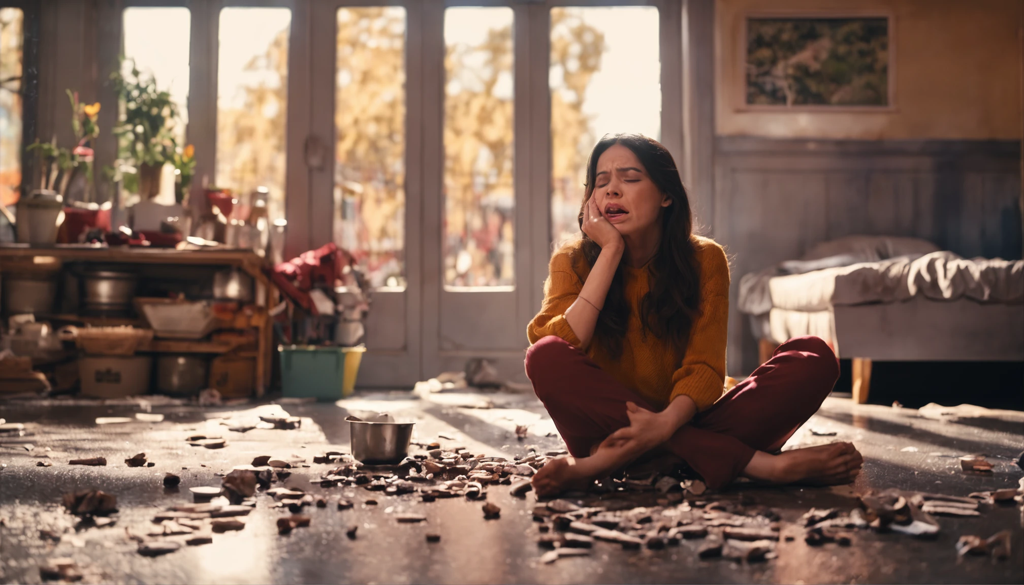 woman crying, sitting on the floor, face infront. background kitchen with dirty plates