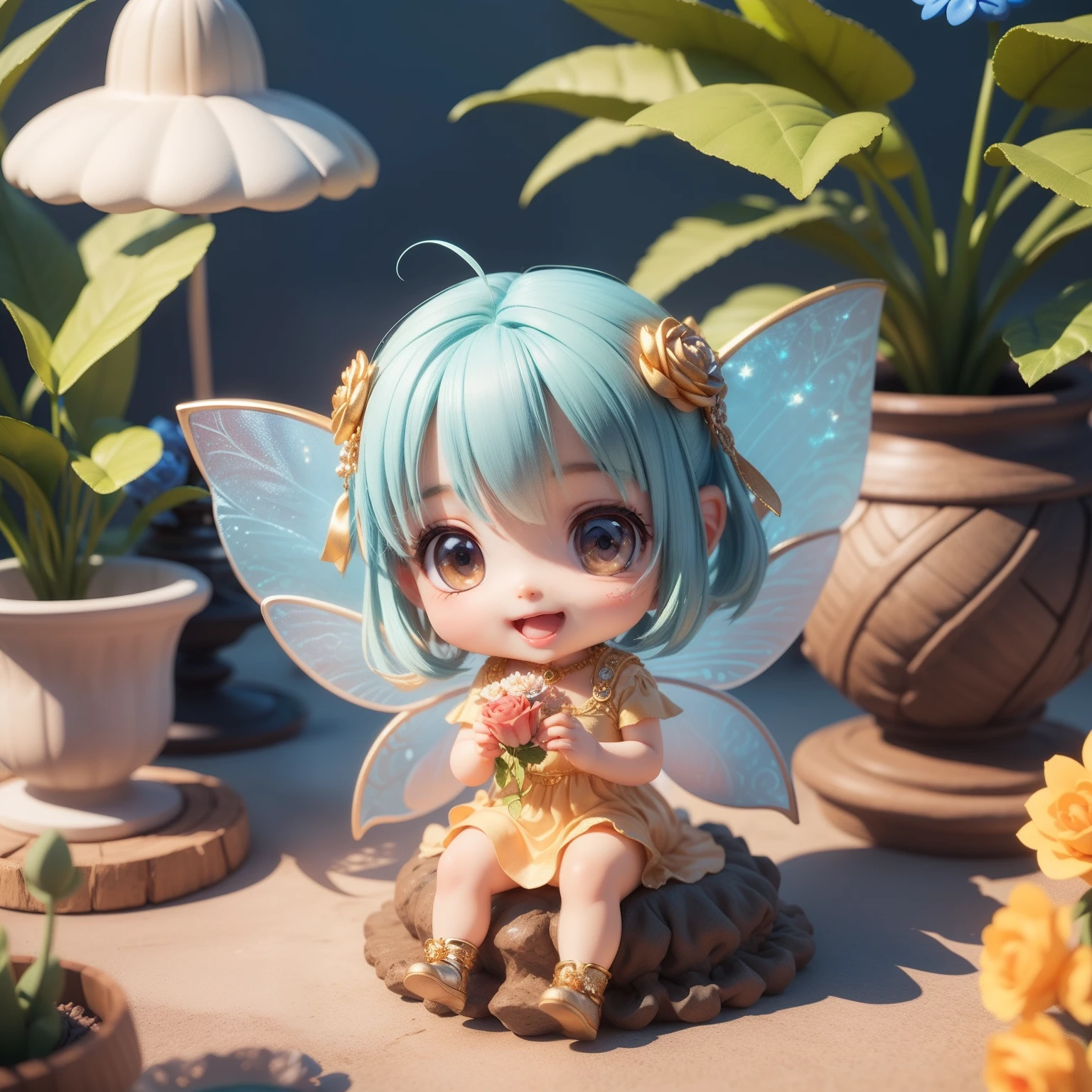 Cute Baby Chibi Anime,(((chibi 3d))) (Best Quality) (Master Price)、(Chibi Fairy:1.3)、Sitting on a blue rose flower、specimen、houseplant、Open your mouth and smile、Jewelry Decoration Costumes