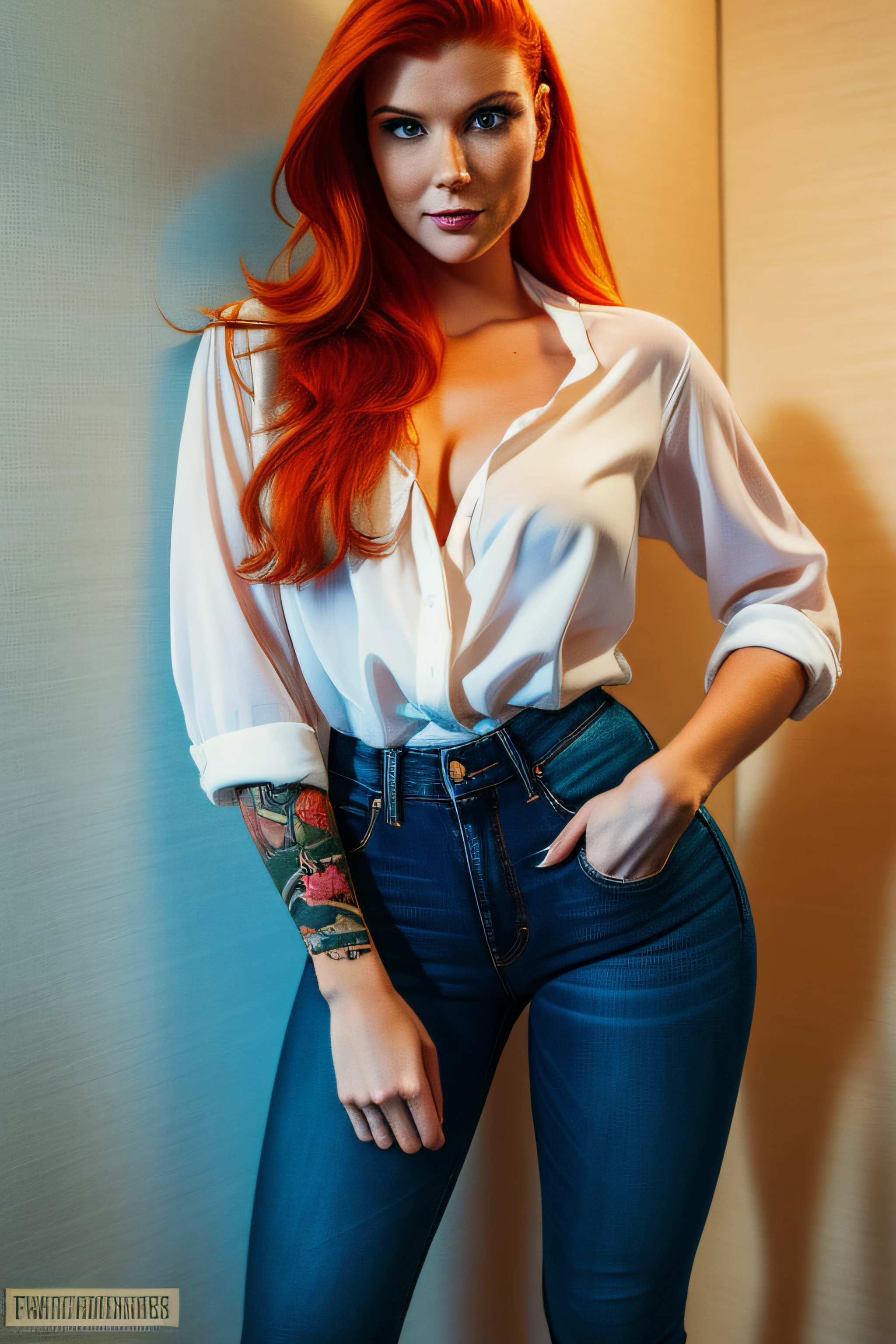 beautiful 25 year old australian woman, ginger hair, she wears a casual white shirt and pulls it down, huge beautiful breasts, huge tits, huge boobs, she wears super tight jeans, her arms are covered in tattoos full off colours, she stands seductively and looks at camera, she is fit, strong and has slim waist