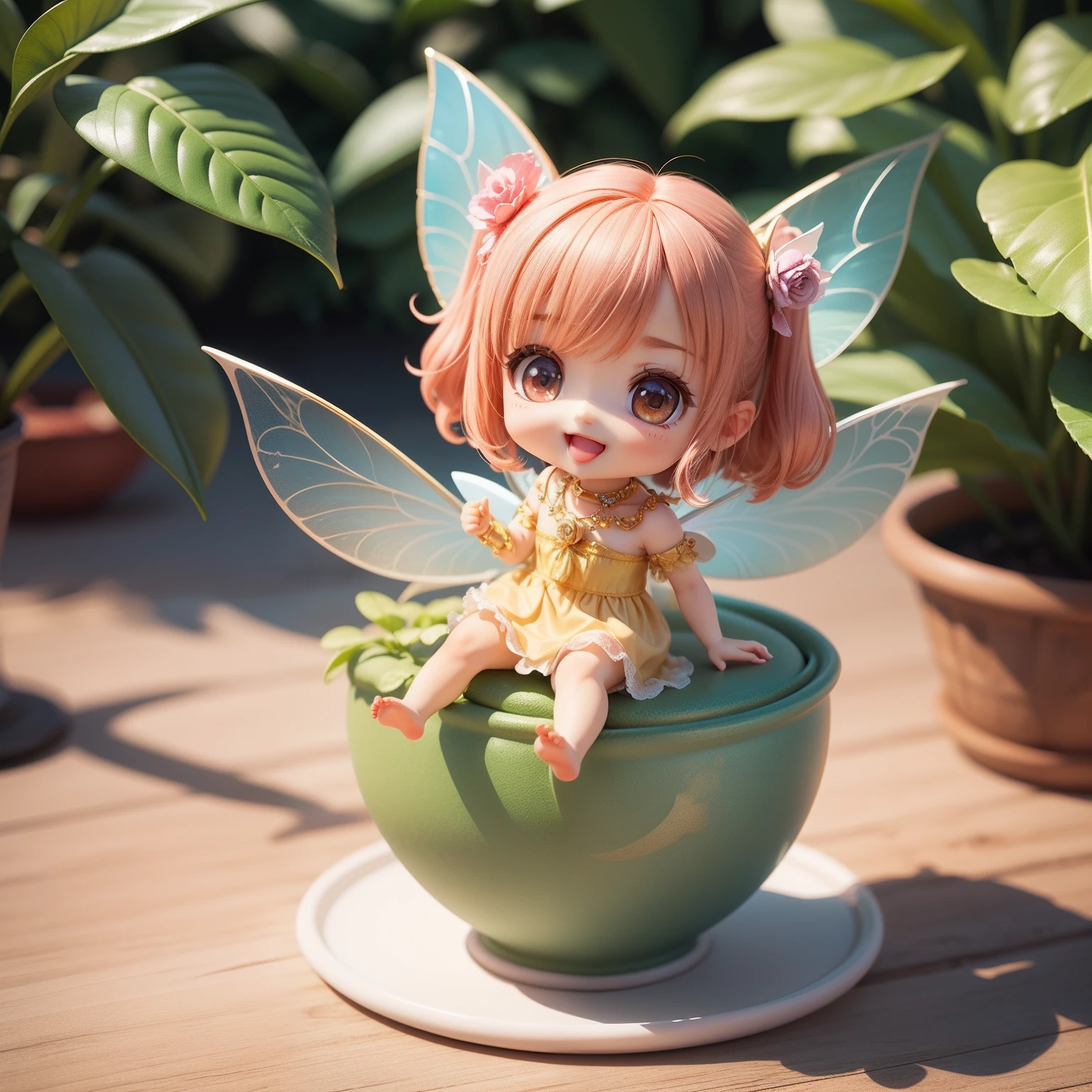 Cute  Chibi Anime,(((chibi 3d))) (Best Quality) (Master Price)、(Chibi Fairy:1.3)、Sitting on a blue rose flower、specimen、houseplant、Open your mouth and smile、Jewelry Decoration Costumes