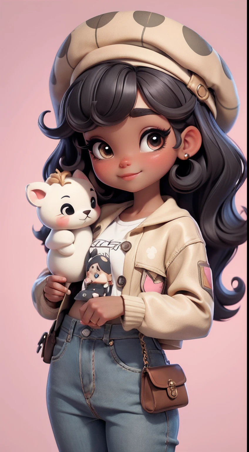 Create a series of cute baby chibi afro style dolls with a cute safari theme, each with lots of detail and in an 8K resolution. All dolls should follow the same solid background pattern and be complete in the image, mostrando o (corpo inteiro, incluindo as pernas: 1.5)
Boneca Mini Safari: Chame-a de Marina. Ela deve ter cabelo pequeno em tom preto marrom. Seus olhos devem ser grandes e expressivos, with long eyelashes and rosy cheeks. Sorriso delicado e branco. Marina deve estar vestida com uma jaqueta, Camiseta, pants and an ornate safari hat. She must hold safari accessories. Certifique-se de adicionar detalhes nas roupas, such as buttons and pockets, sapato bonito
Certifique-se de adicionar sombras, texturas e detalhes nos cabelos, roupas, Safari utensils, to make them even more adorable and charming.