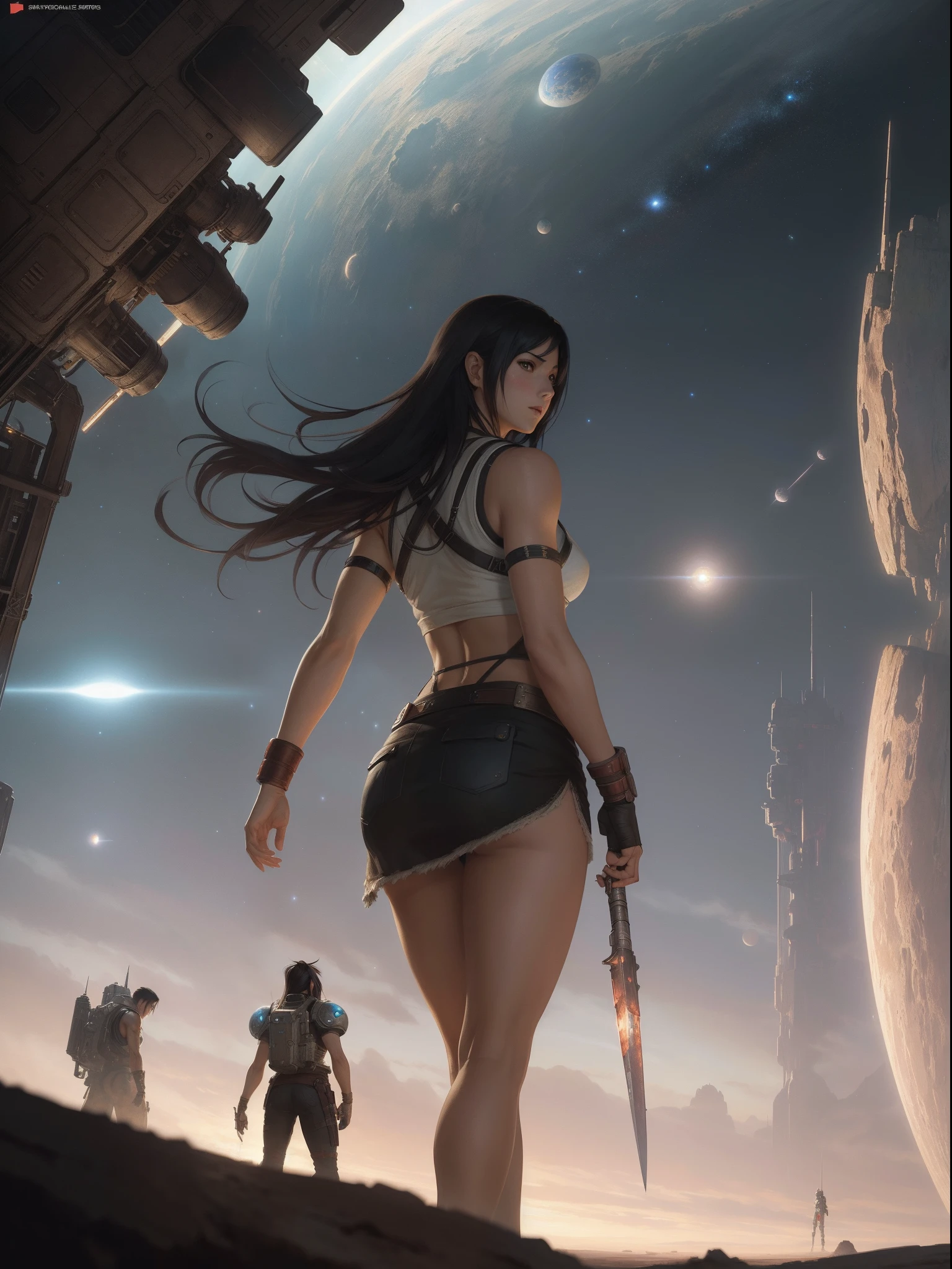 tifa ff7, oil on matte canvas, sharp details, the expanse scifi spacescape ceres colony, intricate, highly detailed, digital painting, rich color, smooth, sharp focus, illustration, Unreal Engine 5, 8K, art by artgerm and greg rutkowski and alphonse mucha