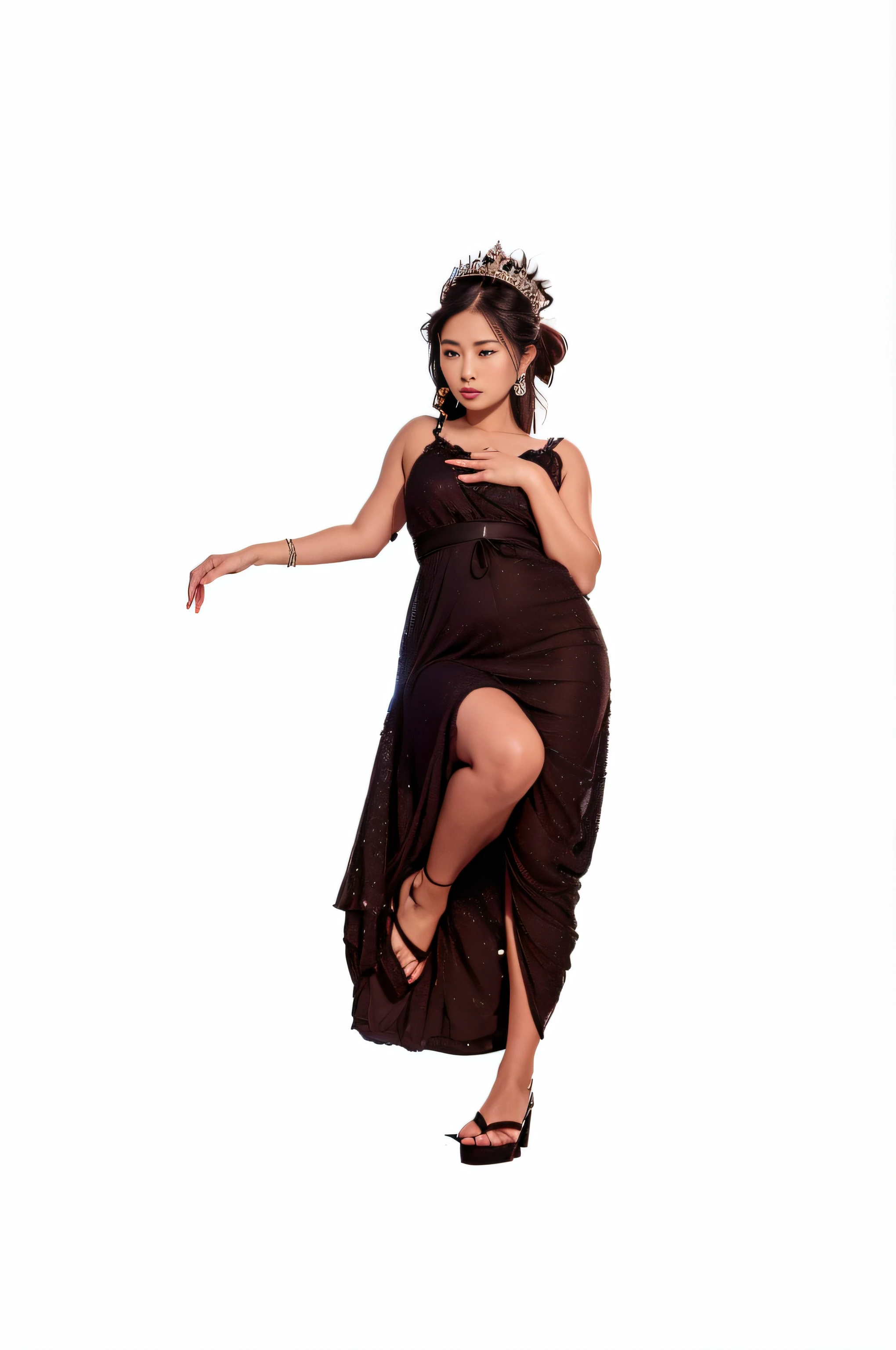 An Asian princess leans against the corridor of the palace,Wearing a long black dress,With a crown on his head,
