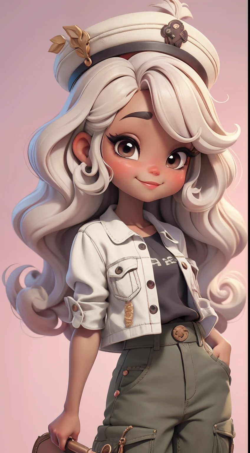 Create a series of cute baby chibi afro style dolls with a cute safari theme, each with lots of detail and in an 8K resolution. All dolls should follow the same solid background pattern and be complete in the image, mostrando o (corpo inteiro, incluindo as pernas: 1.5)

Boneca Mini Safari: Chame-a de Marina. Ela deve ter cabelo pequeno em tom preto marrom. Seus olhos devem ser grandes e expressivos, with long eyelashes and rosy cheeks. Sorriso delicado e branco. Marina deve estar vestida com uma jaqueta, Camiseta, pants and an ornate safari hat. She must hold safari accessories. Certifique-se de adicionar detalhes nas roupas, such as buttons and pockets, sapato bonito

Certifique-se de adicionar sombras, texturas e detalhes nos cabelos, roupas, Safari utensils, to make them even more adorable and charming.