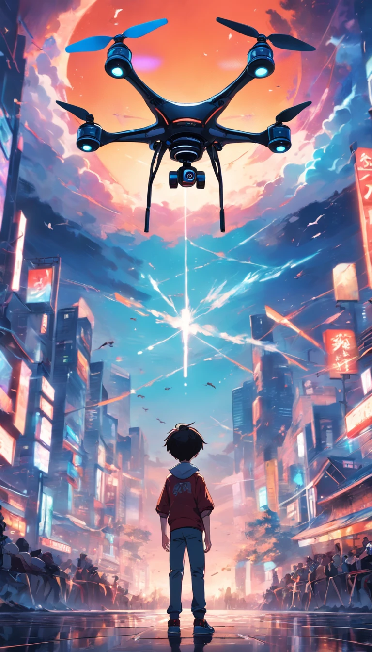 A boy controls a quadcopter drone
