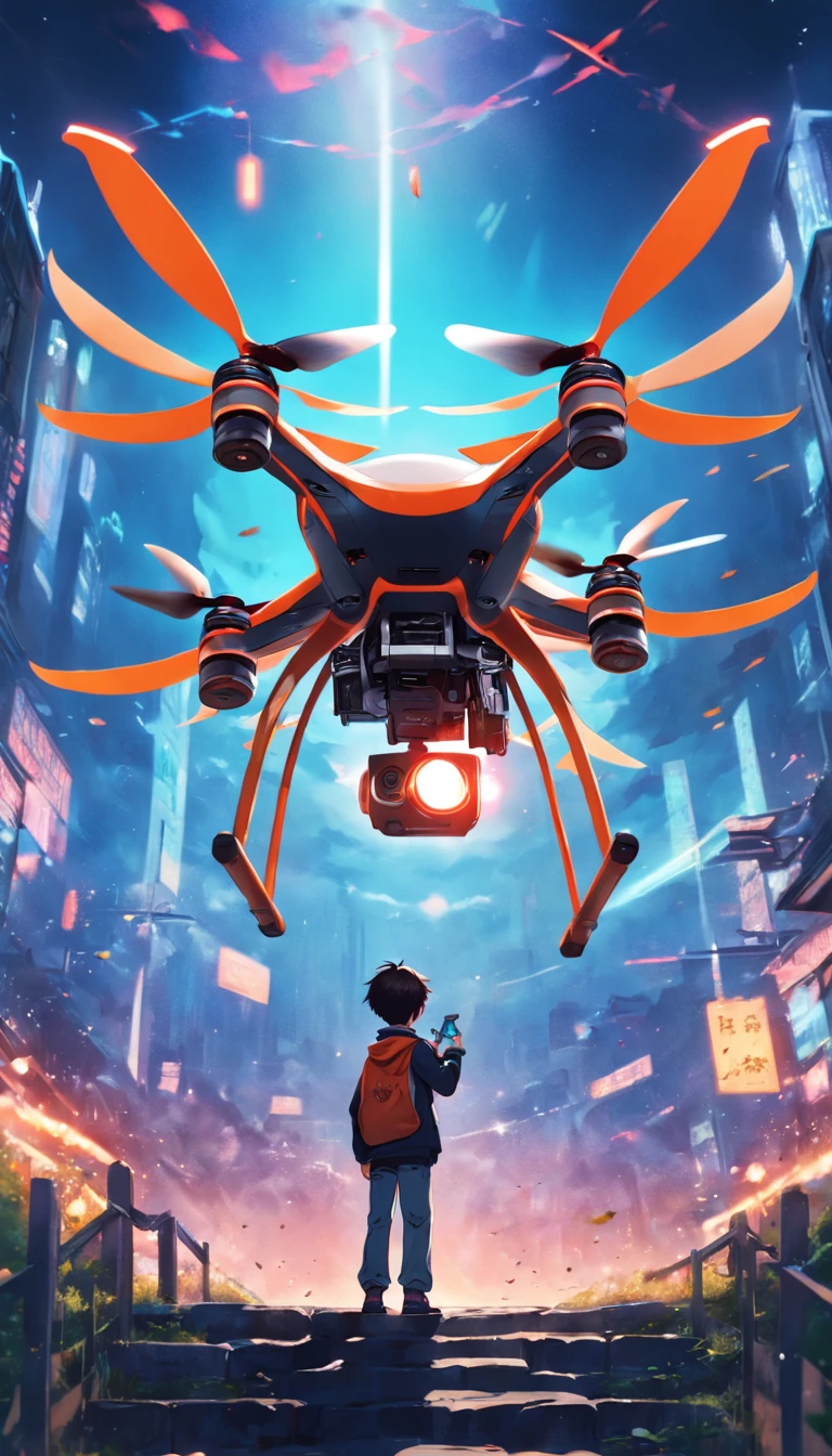 A boy controls a quadcopter drone