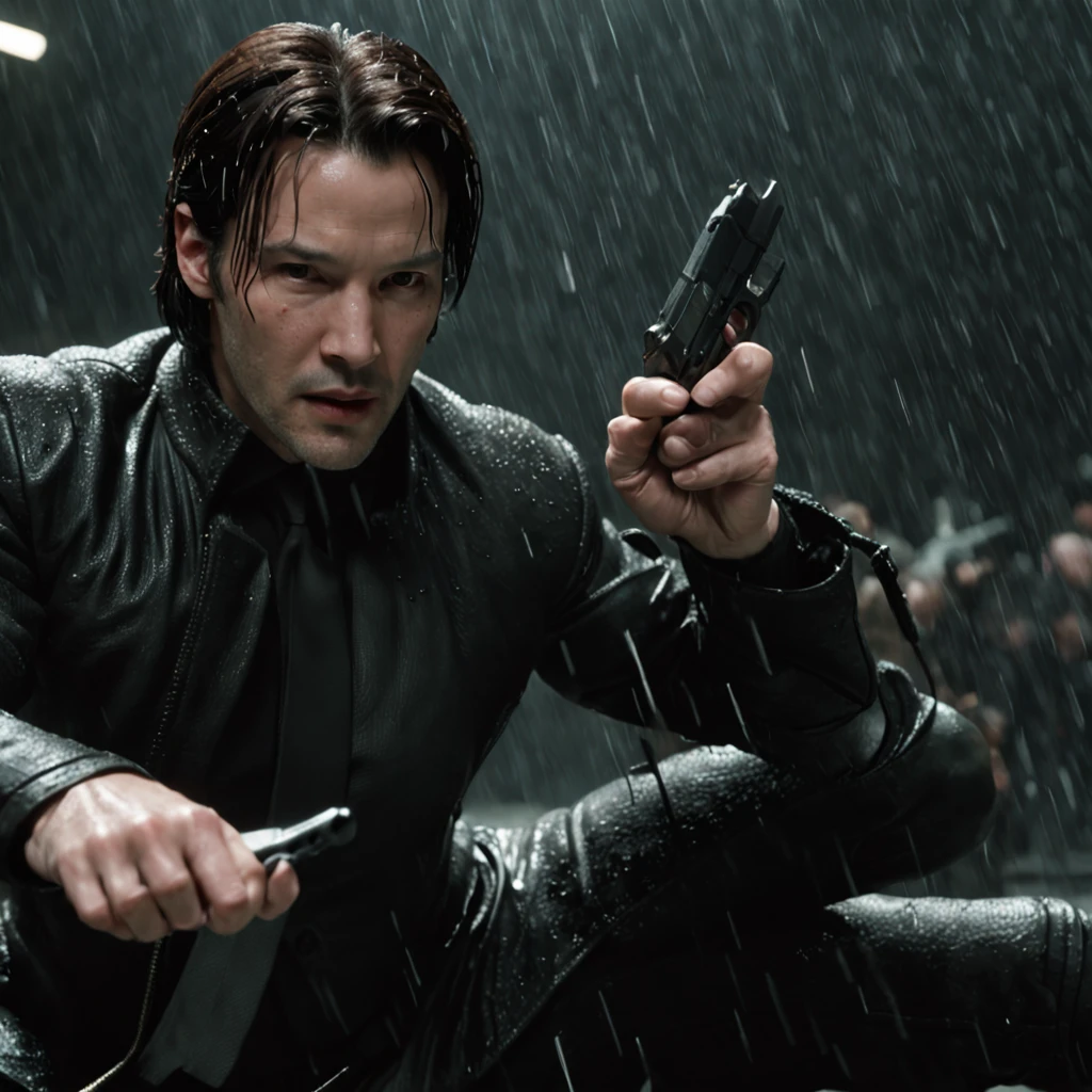 a full-length cinematic HDR still shot of Keanu Reeves as Neo fighting Agent Smith in "The Matrix" film from 1999:
"Create a professional 3D render with a Realistic:1.3 approach, capturing one of the most iconic moments in cinematic history. The scene features the legendary Keanu Reeves as Neo, engaged in an epic battle against Agent Smith in the Matrix. Neo, our hero, embodies the classic fantasy muscle man archetype with his powerful build, long hair, short beard, and a ferocious expression frozen in a dynamic pose. His skin should showcase realistic skin pores.
The environment is a fantastic, otherworldly location, characterized by its majestic, cluttered surroundings. The lighting is very dark, with heavy shading to enhance the drama and intensity of the moment. The focus should be sharp and detailed, ensuring that every aspect of the scene is captured in glorious 8K resolution.
Neo is dressed in old leather garments, weathered by time, with an added touch of fur to accentuate his rugged appearance. The intricacy and attention to detail in his attire are crucial, showcasing a decadent yet battle-worn aesthetic.
This digital painting should be rendered using Octane, incorporating elements from renowned artists like Art Germ, Loish, Wlop Ilya Kuvshinov, Greg Rutkowski, and Alphonse Mucha. The scene should utilize global illumination, studio lighting, and volumetric light to create a visually stunning composition.
To add to the cinematic atmosphere, heavy rain and floating particles should permeate the shot, reminiscent of scenes from 'The Lord of the Rings.' The background should feature a dark and ancient city, further enhancing the fantasy element of the image.
This artwork should be of the highest quality, on par with the standards set by CGSociety and ArtStation. The final result should be a standstill shot that encapsulates the essence of 'The Matrix' and the iconic battle between Neo and Agent Smith."