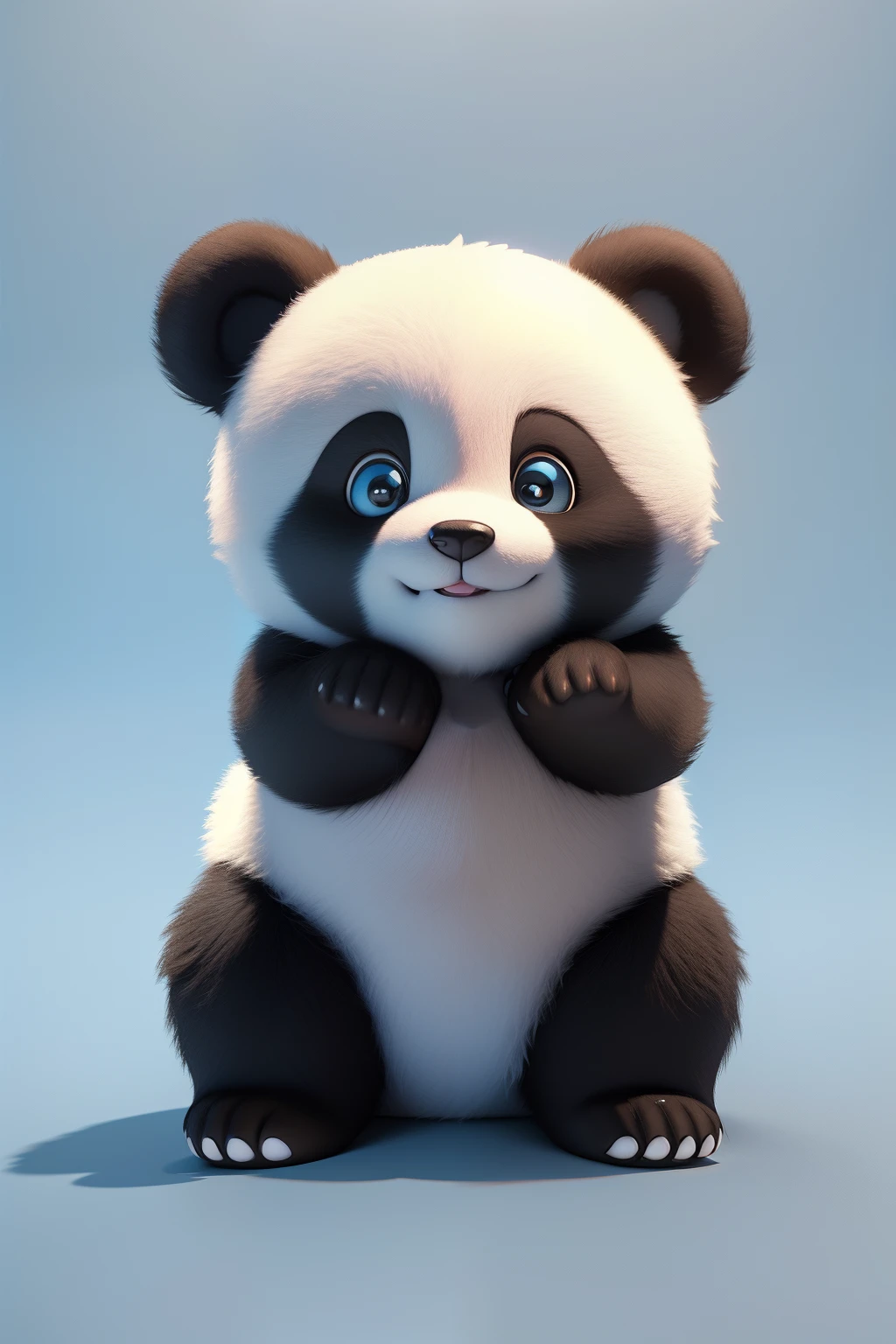 Sample： Realistic 3d render of a happy, furry and cute baby [panda] bear smiling with big eyes looking straight at you, Pixar style, 32k, full body shot with a light blue background --v 5 --s 750