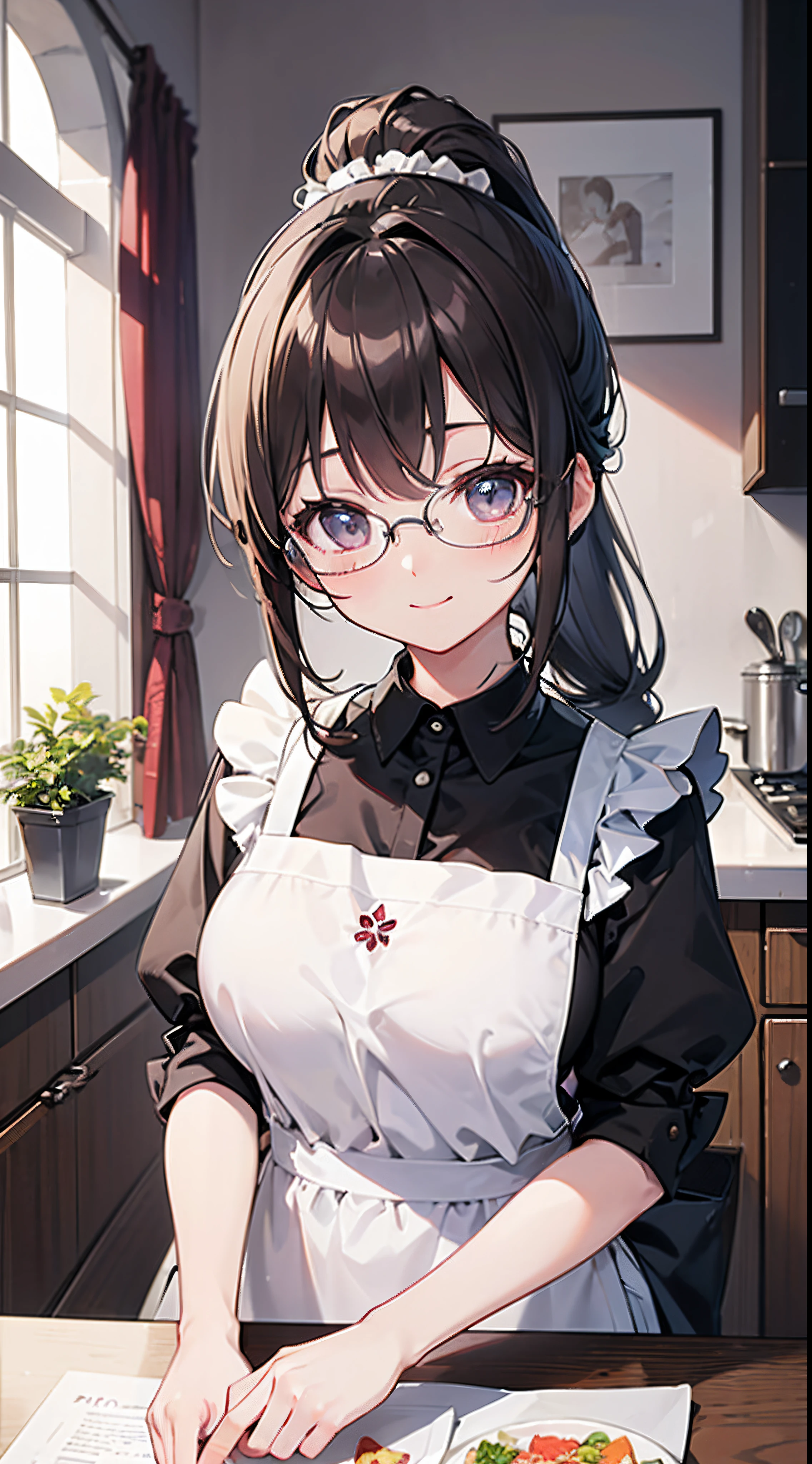 ((masterpiece)), ((best quality)), (ultra-detailed), ((kawaii)), cute, (lovely), , ((extremely detailed)), 4K, (8K), best quality, (beautiful), anime style, upper body, focus on the face, full body focus, in the room, morning, a cute girl, 1girl, solo, apron, kitchen, beautiful dark brown hair, beautiful purple eyes, ((beautiful eyes)), white-skinned, ponytail, transparent hair, translucent hair, large breast, glasses, smile, blush, wind effect, reflection effect