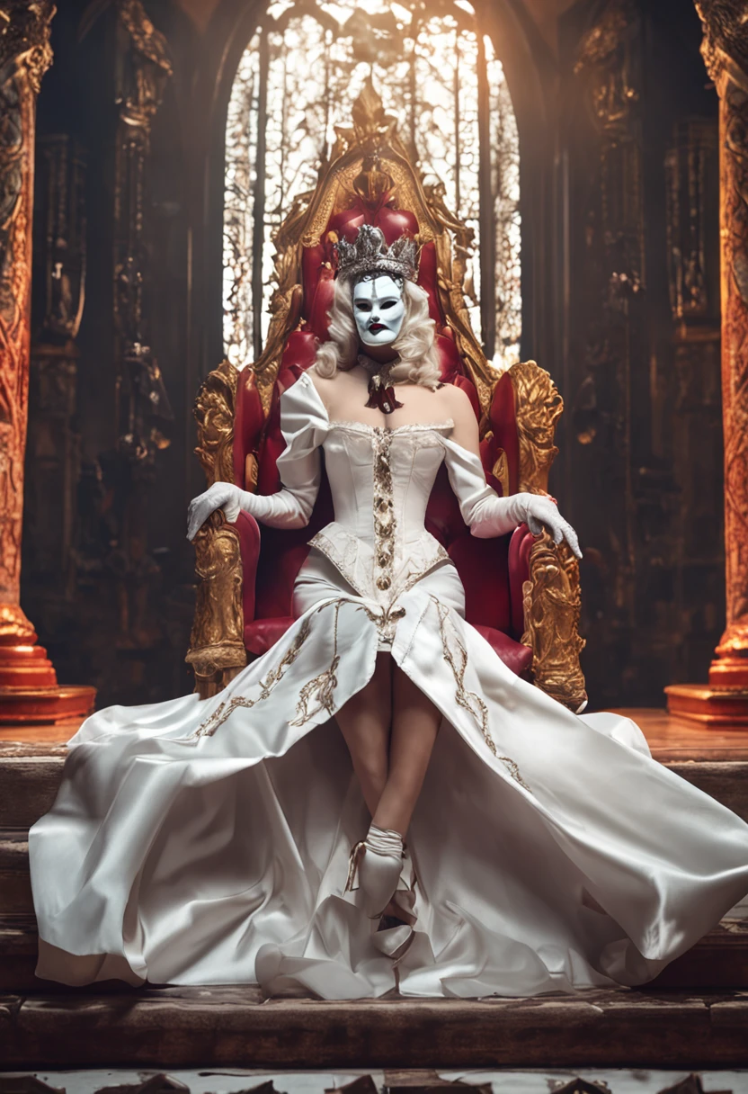White mask,big breasts beautiful,Evil Queen,White mask,White stockings,white long gloves,Redcoat,Full body like,conservativelydressed,No shoes,unholy,Sit Pose,sitting on an royal throne,big breasts beautiful,whaite hair