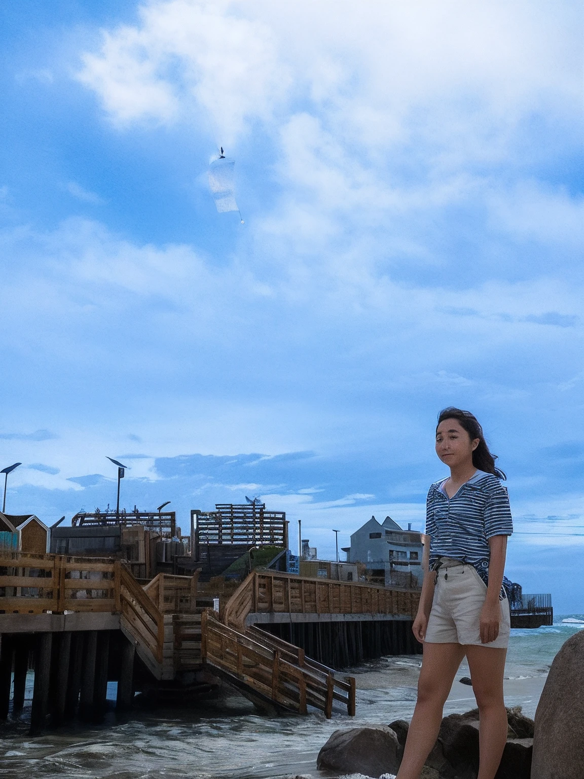 araffe woman standing on a rock near a pier with a kite in the sky, shot with sigma f / 4. 2, shot with sigma f/ 4.2, photo taken with canon 5d, taken with canon eos 5 d mark iv, near a jetty, taken with sigma 2 0 mm f 1. 4, taken with a canon eos 5d