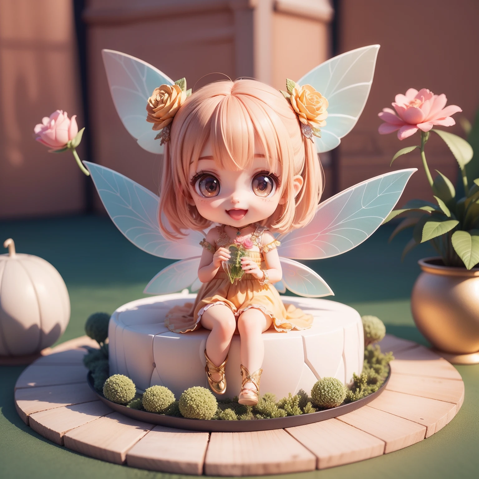 Cute Chibi Anime,(((Chibi 3D))) (Best Quality) (Master Price)、(Chibi Fairy:1.3)、Sitting on a blue rose flower、specimen、houseplant、Open your mouth and smile、Jewelry Decoration Costumes