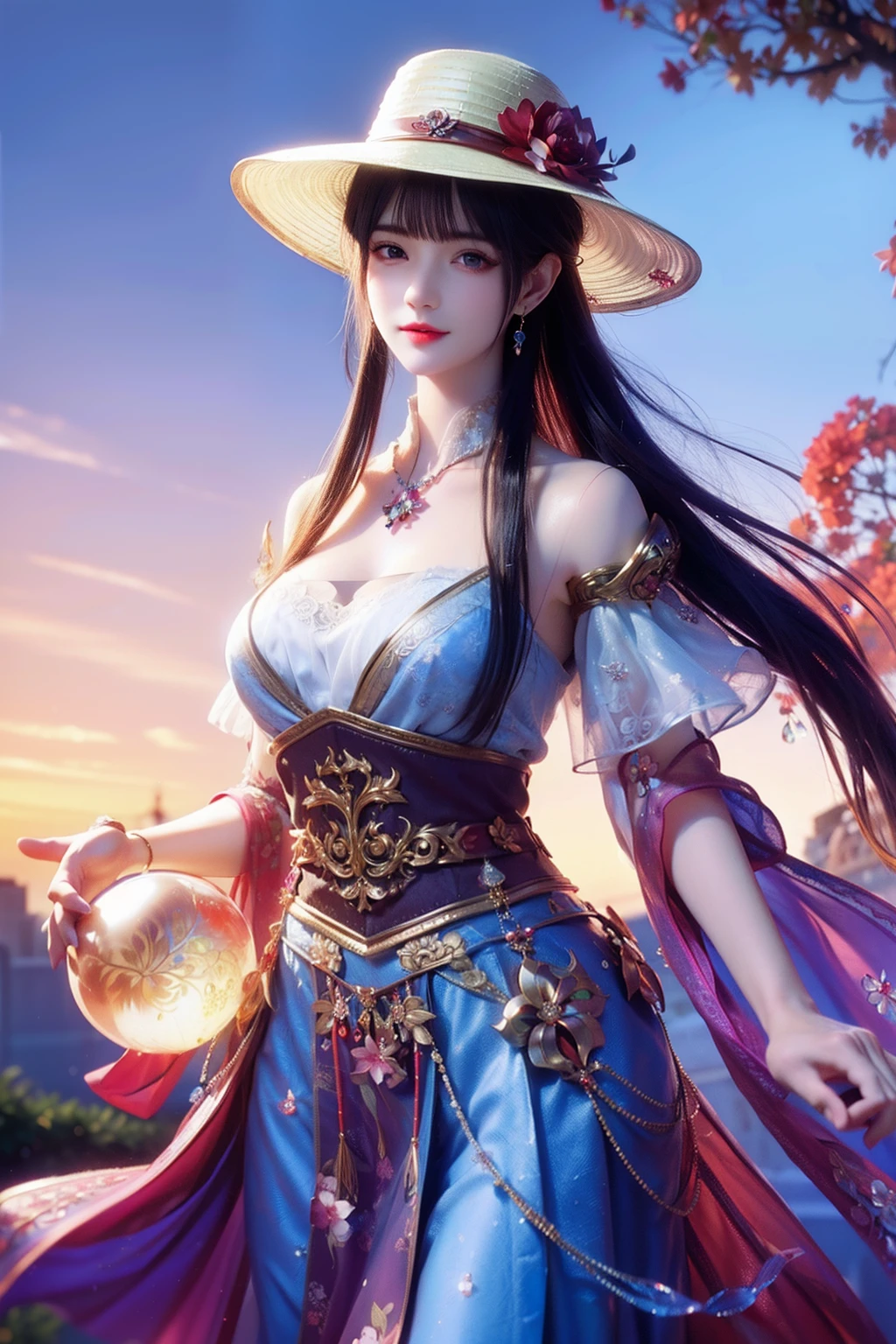 Bust of a beautiful noble maiden,Red chestnut hair elegantly coiled,((Wear a big skirt(blue colors)bucket-hat)),Purple clear eyes,The hair is covered with beautiful and delicate floral craftsmanship, Crystal jewelry filigree,A huge crystal ball on the chest,Ultra-detailed details