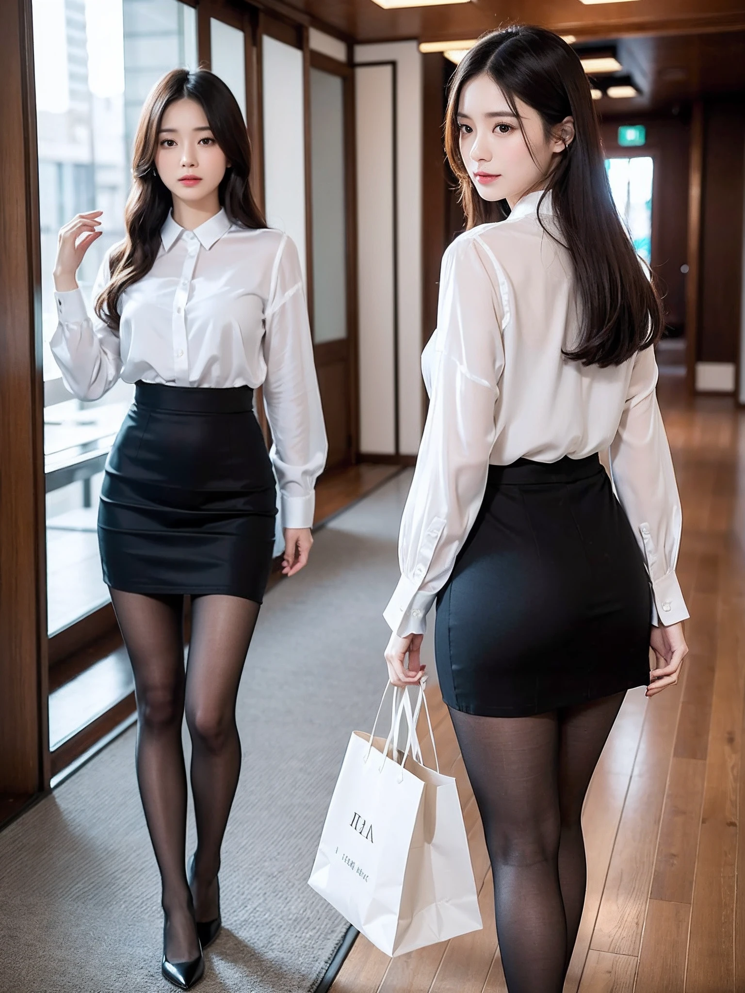 face is :9,1870450717], Elegant Female Teacher, Skirt and thighs、27yo、stature　162cm、Walking along the corridor、Office Clothes, Wearing a luxury silk blouse, (Wearing pantyhose,Realistic Pantyhose)、Elegant slim beige blouse, japanaese girl, Neat and clean Japan woman, goddess of Japan, business clothes, Business attire, wearing in shirt, businesswoman, Silk, cream colored blouse, Wearing an ultra-thin shirt, silky garment, wearing business casual dress, Wearing a business suit, business outfit, formal clothes, photographed from the back、Watching from behind、Raw photo, (in 8K、top-quality、​masterpiece:1.2)、(intricate detailes:1.4)、(Photorealsitic:1.4)、octane renderings、Complex 3D rendering ultra detail, Studio Soft Light, Rim Lights, vibrant detail, super detailing, realistic skin textures, Detail Face, Beautiful detail eyes, Very detailed CG Unity 16k wallpaper, make - up, (detailedbackground:1.2),　shinny skin、Exposed thighs!!!、high-heels、