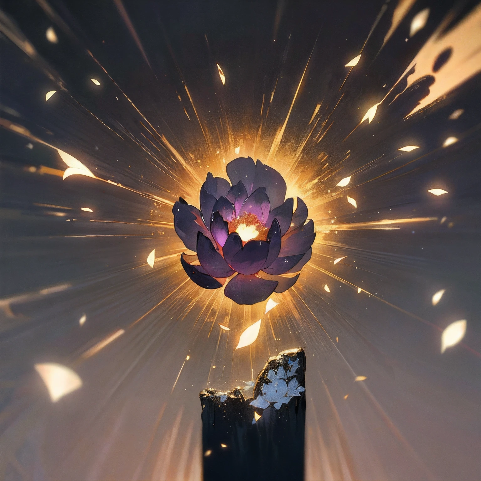 macro, a glorious void-infused black peony, frozen, frost coating, beads of condensation, crystal and sparks in the air, gilded, backdrop volumetric void-light, sublime, delicate, beautiful, intricate details, highly detailed, high-res, vivid color grading, composite lighting, dynamic composition, well drawn, crisp, sharp focus, glamour shot, realistic, glistening sun in the background, a sun petals