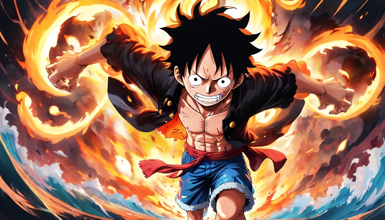 Design a gripping poster，Features Luffy as the protagonist "One Piece" In the heat of the moment. Capture the essence of his burning determination and indomitable spirit，For he unleashed his anger on his enemies. Keep it short, Bold, And strongly convey the raw power of Luffy's anger., hypnotic, androgyne, gadgetpunk, Face shot, Cinema4D rendering, Depth of field, tapestry, black in color, classical realism, Glow in the dark light, Ultra photo realsisim, Dramatic shadows, film noir style, 4K