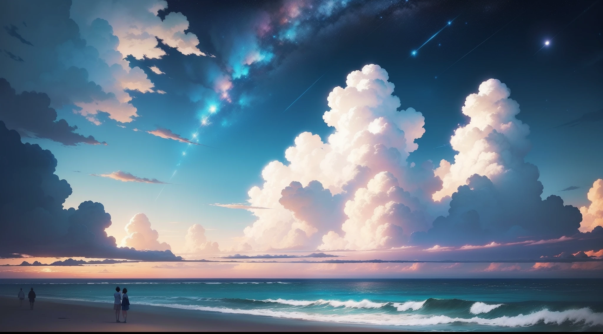 There is a painting of the sky with clouds and stars, Midday sun、Cosmos Sky. by makoto shinkai, Anime Sky, Blue Sea. by makoto shinkai, Anime Cloud, style of makoto shinkai, by Ross Tran. scenery background, in the style of makoto shinkai, By Shinkai Makoto. - H 2160, beautifull puffy clouds. Anime