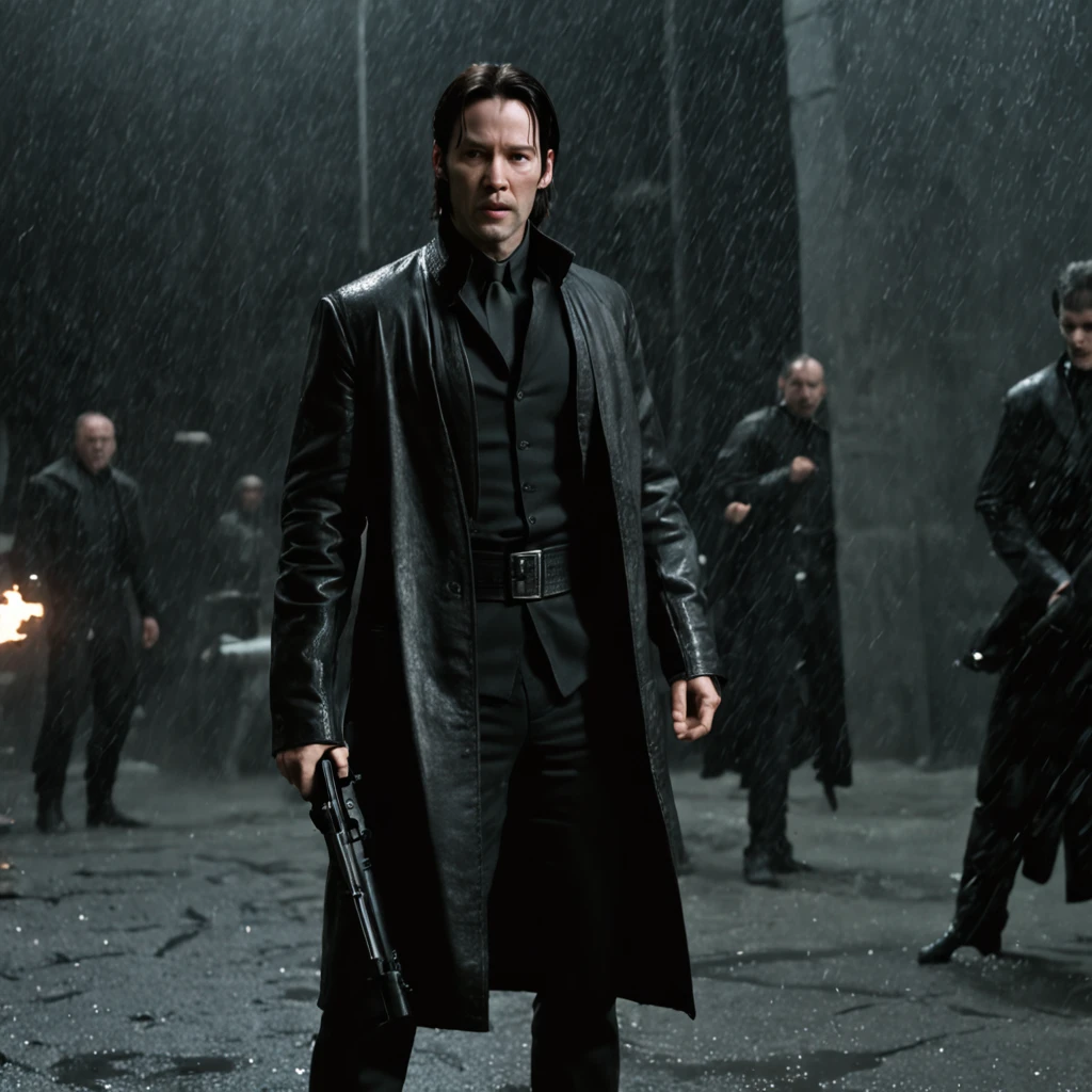 a full-length cinematic HDR still shot of Keanu Reeves as Neo fighting Agent Smith in "The Matrix" film from 1999:
"Create a professional 3D render with a Realistic:1.3 approach, capturing one of the most iconic moments in cinematic history. The scene features the legendary Keanu Reeves as Neo, engaged in an epic battle against Agent Smith in the Matrix. Neo, our hero, embodies the classic fantasy muscle man archetype with his powerful build, long hair, short beard, and a ferocious expression frozen in a dynamic pose. His skin should showcase realistic skin pores.
The environment is a fantastic, otherworldly location, characterized by its majestic, cluttered surroundings. The lighting is very dark, with heavy shading to enhance the drama and intensity of the moment. The focus should be sharp and detailed, ensuring that every aspect of the scene is captured in glorious 8K resolution.
Neo is dressed in old leather garments, weathered by time, with an added touch of fur to accentuate his rugged appearance. The intricacy and attention to detail in his attire are crucial, showcasing a decadent yet battle-worn aesthetic.
This digital painting should be rendered using Octane, incorporating elements from renowned artists like Art Germ, Loish, Wlop Ilya Kuvshinov, Greg Rutkowski, and Alphonse Mucha. The scene should utilize global illumination, studio lighting, and volumetric light to create a visually stunning composition.
To add to the cinematic atmosphere, heavy rain and floating particles should permeate the shot, reminiscent of scenes from 'The Lord of the Rings.' The background should feature a dark and ancient city, further enhancing the fantasy element of the image.
This artwork should be of the highest quality, on par with the standards set by CGSociety and ArtStation. The final result should be a standstill shot that encapsulates the essence of 'The Matrix' and the iconic battle between Neo and Agent Smith."