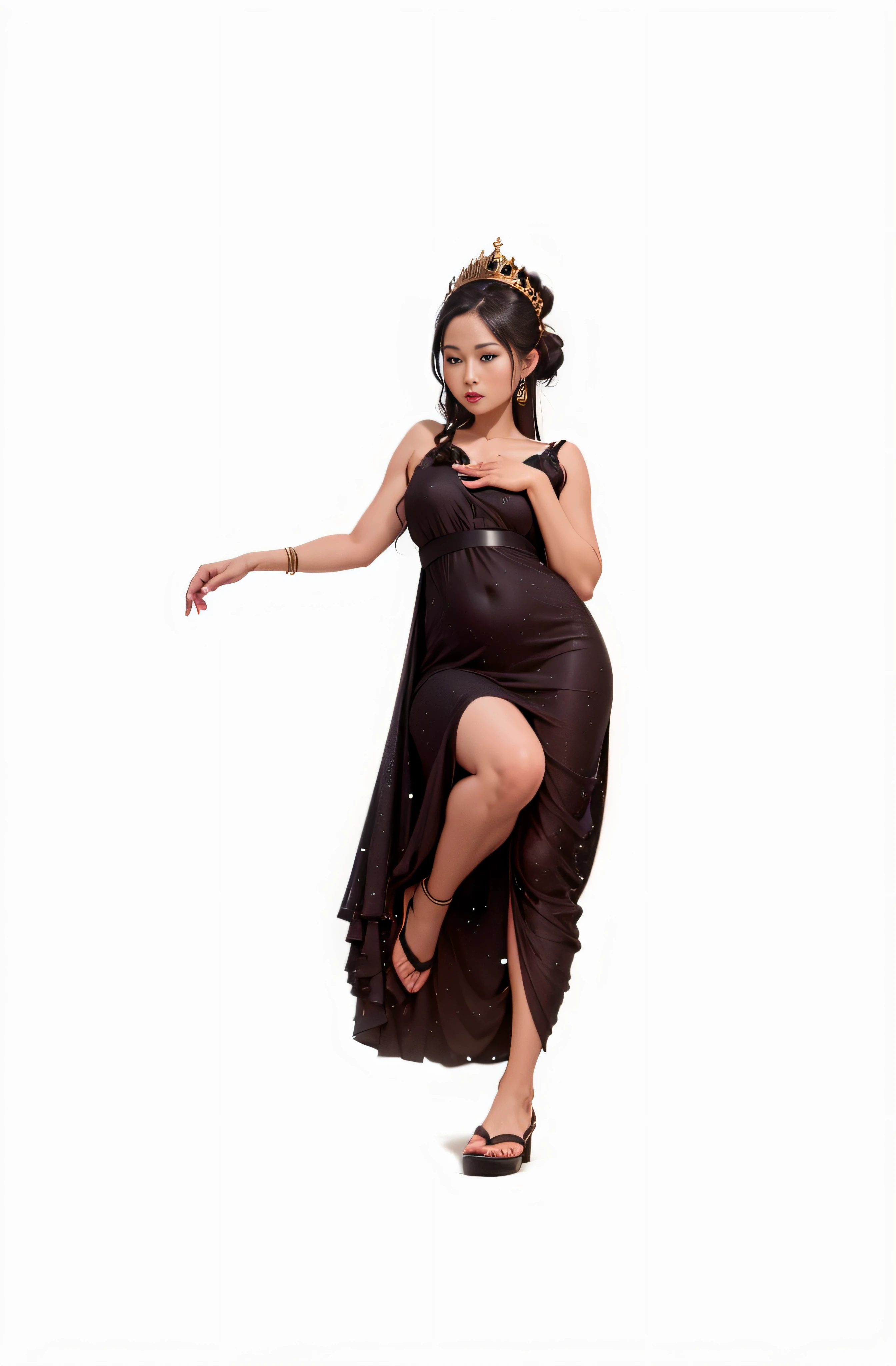 An Asian princess leans against the corridor of the palace，Wearing a long black dress，With a crown on his head，