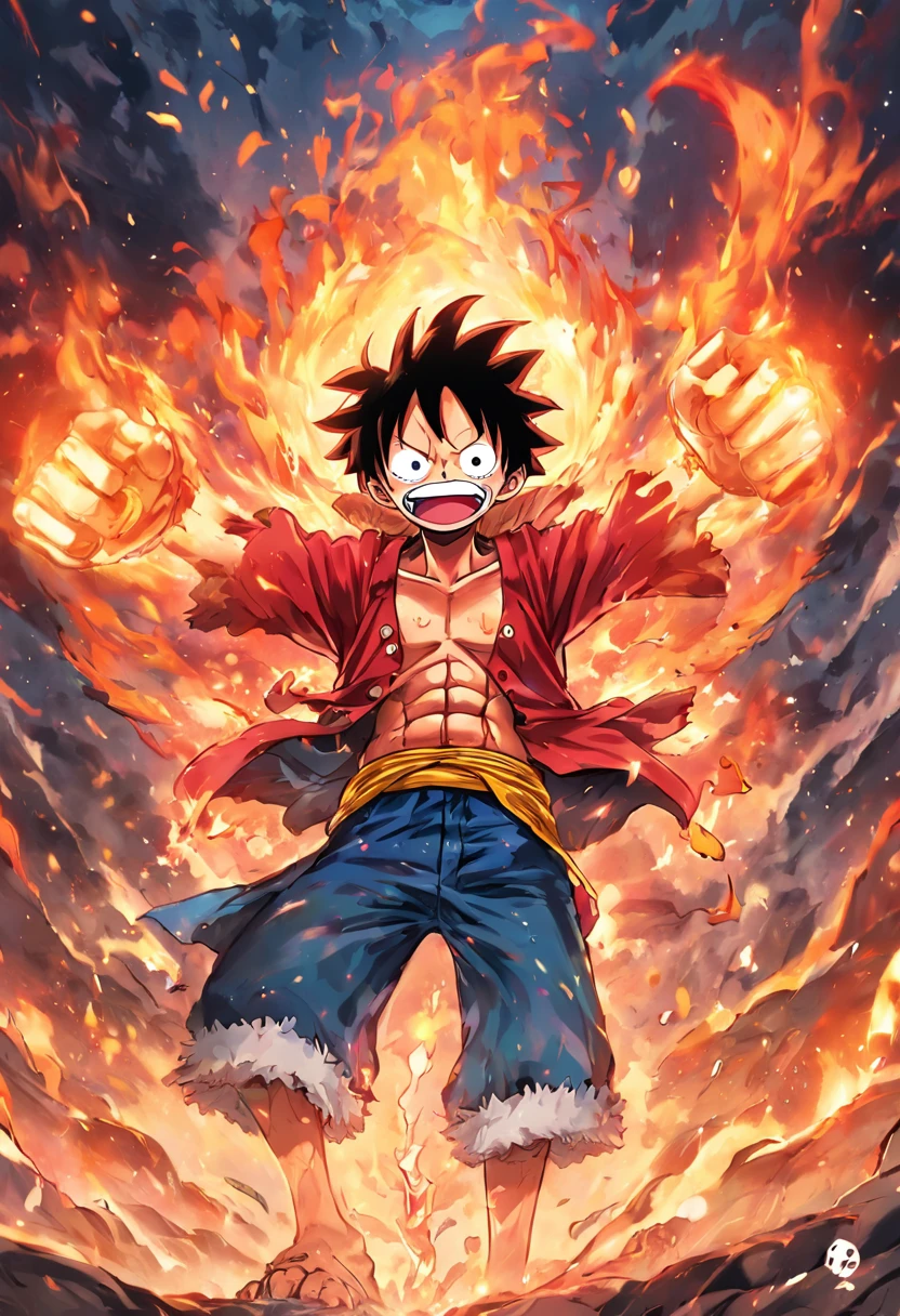 Design exciting posters，Features the fifth gear Luffy as the protagonist "One Piece" In the heat of the moment. Capture the essence of his burning determination and indomitable spirit，For he unleashed his anger on his enemies. Keep it short, Bold, And strongly convey the raw power of Luffy's anger.