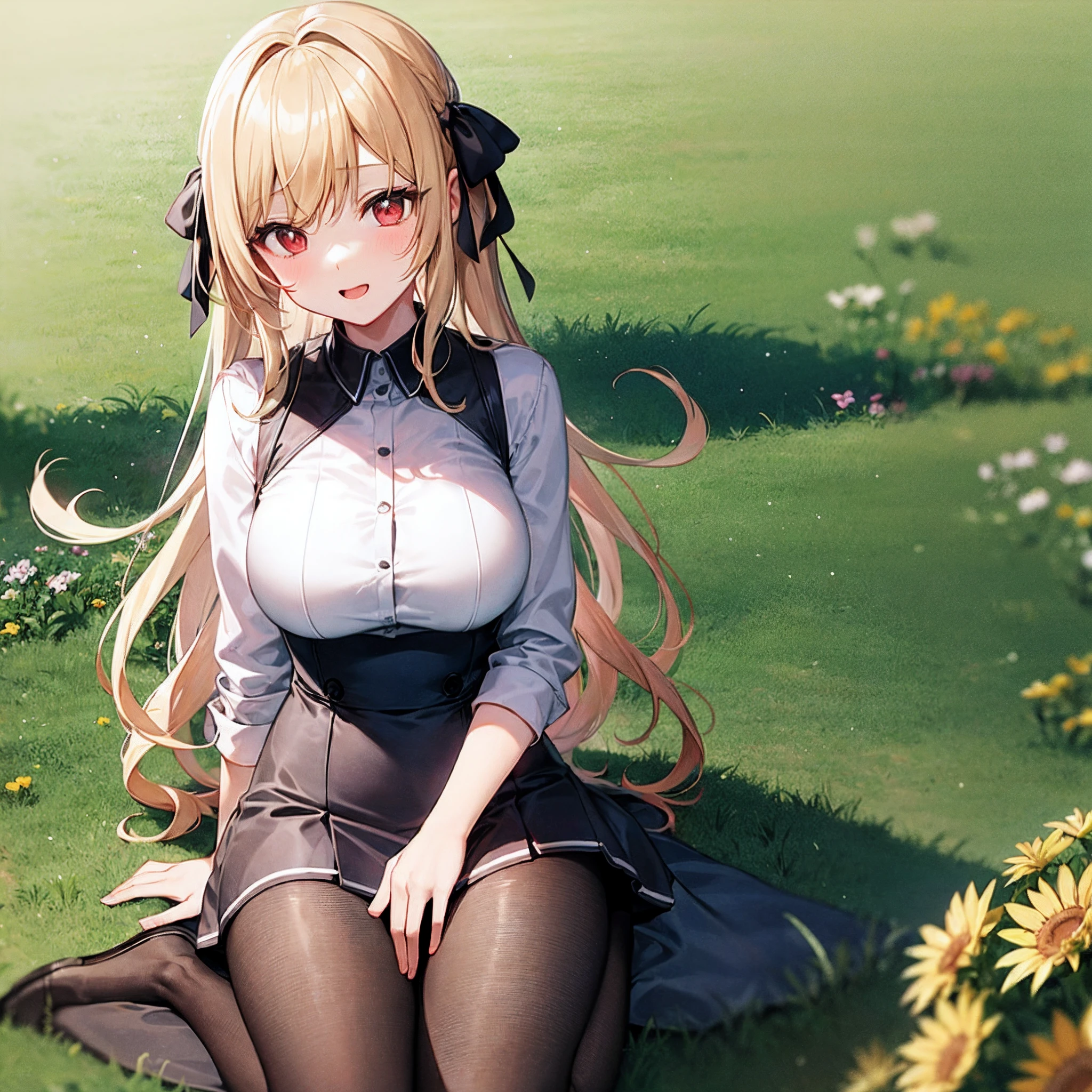 score_9, score_8_up, score_7_up, score_6_up, source_anime, 1girl, solo, cyrille, blonde hair, long hair, hair ribbon, white coat, long sleeves, black dress, black thighhighs, white boots, sitting, spread legs, field, torn clothes, cleavage, medium breasts, looking at you, clenched teeth, blush, embarrassed,