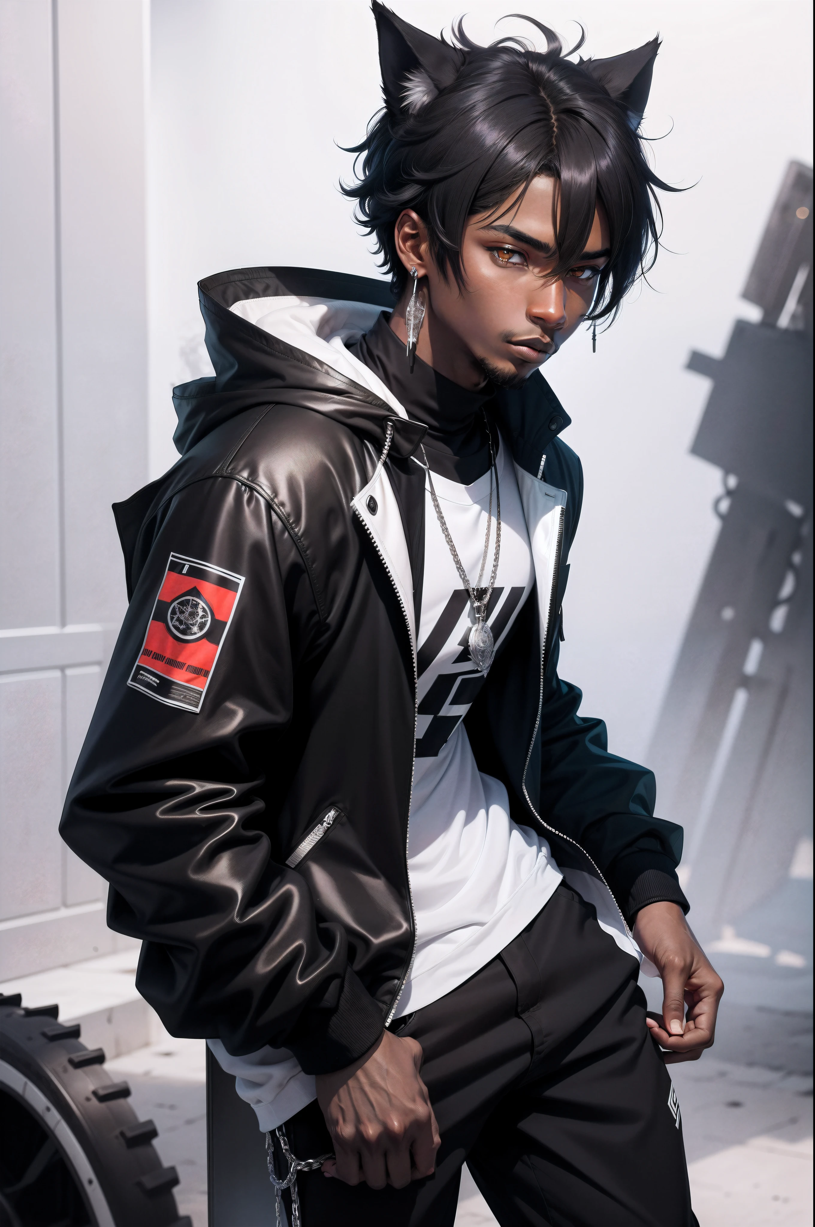 sketch of a black wolf young adult black man , wearing white stylish streetwear outfit, red eyes, mastering black hole element --relax, --niji