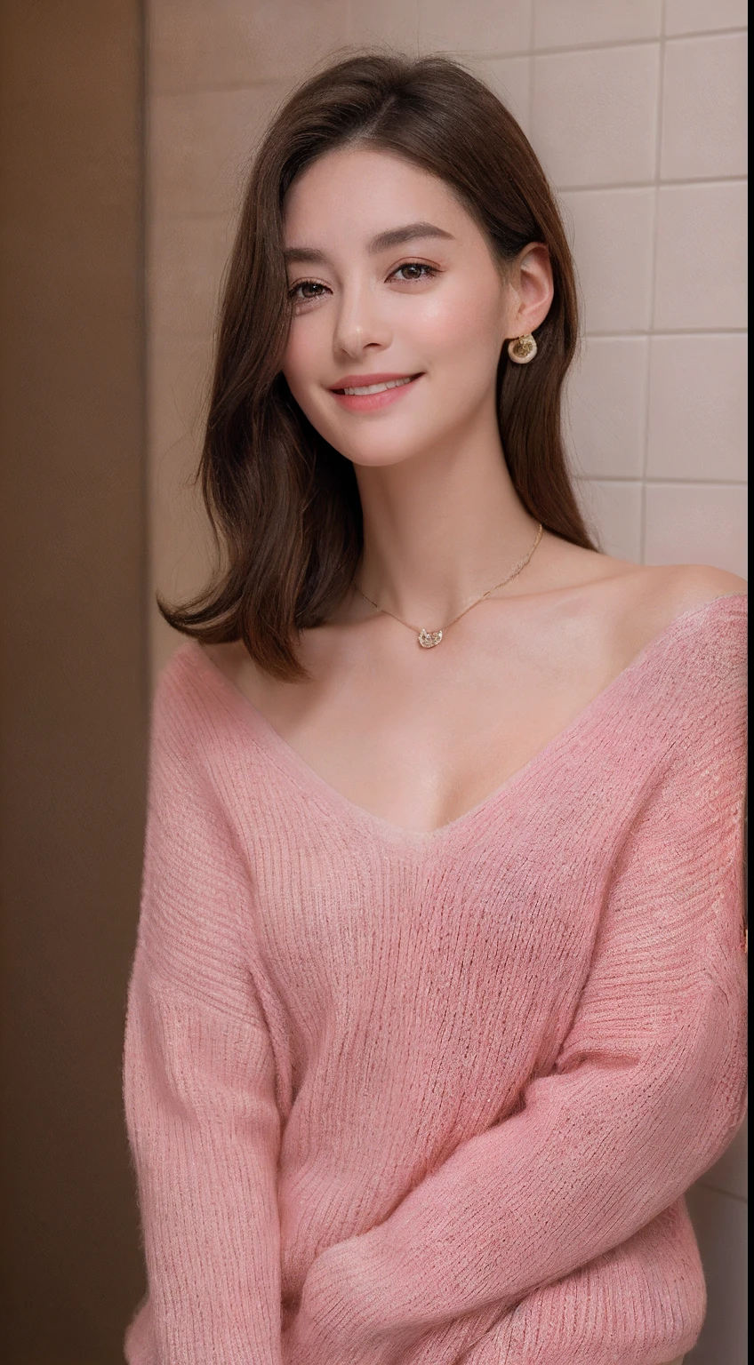 ((Night, Realistic Light, Best Quality, 8K, Masterpiece: 1.3)), 1girl, Slim Beauty: 1.4, Abs: 1.1, (Brown hair, Medium breasts: 1.3), Long pink sweater: 1.1, Bathroom, Super fine face, Delicate eyes, Double eyelids, smile, necklace