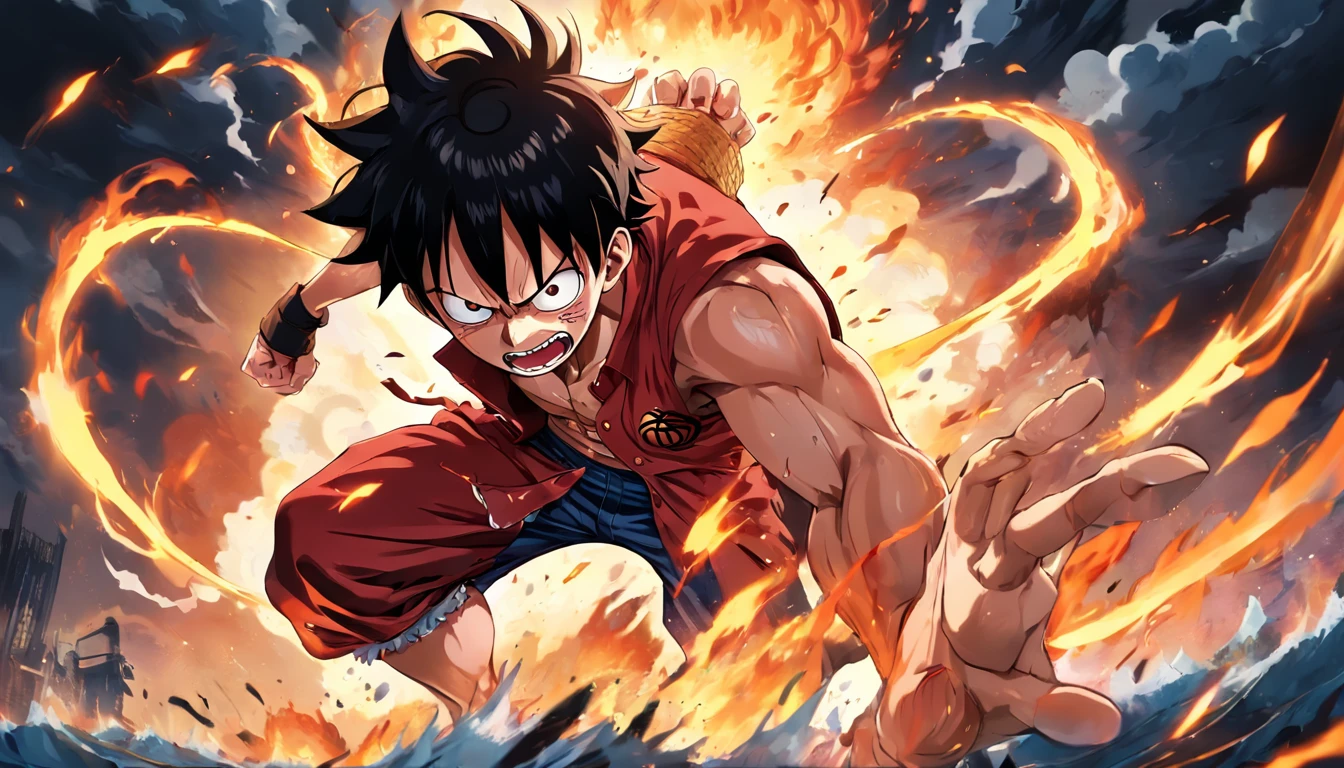 Design exciting posters,Features Luffy as the protagonist "One Piece" In the heat of the moment. Capture the essence of his burning determination and indomitable spirit,For he unleashed his anger on his enemies. Keep it short, Bold, And strongly convey the raw power of Luffy's anger., hypnotic, androgyne, gadgetpunk, Face shot, Cinema4D rendering, Depth of field, tapestry, black in color, classical realism, Glows in low light, Ultra photo realsisim, Dramatic shadows, film noir style, 4K