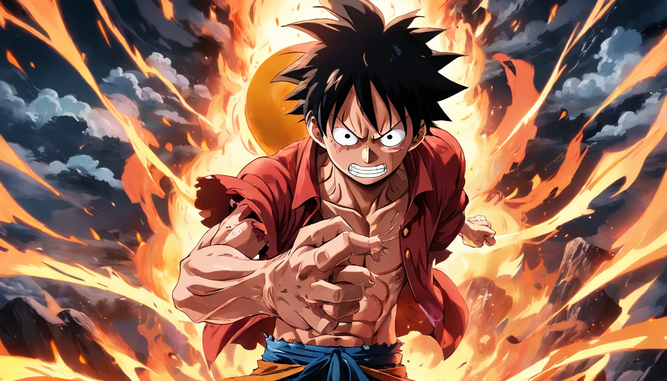 Design exciting posters,Features Luffy as the protagonist "One Piece" In the heat of the moment. Capture the essence of his burning determination and indomitable spirit,For he unleashed his anger on his enemies. Keep it short, Bold, And strongly convey the raw power of Luffy's anger., hypnotic, androgyne, gadgetpunk, Face shot, Cinema4D rendering, Depth of field, tapestry, black in color, classical realism, Glows in low light, Ultra photo realsisim, Dramatic shadows, film noir style, 4K