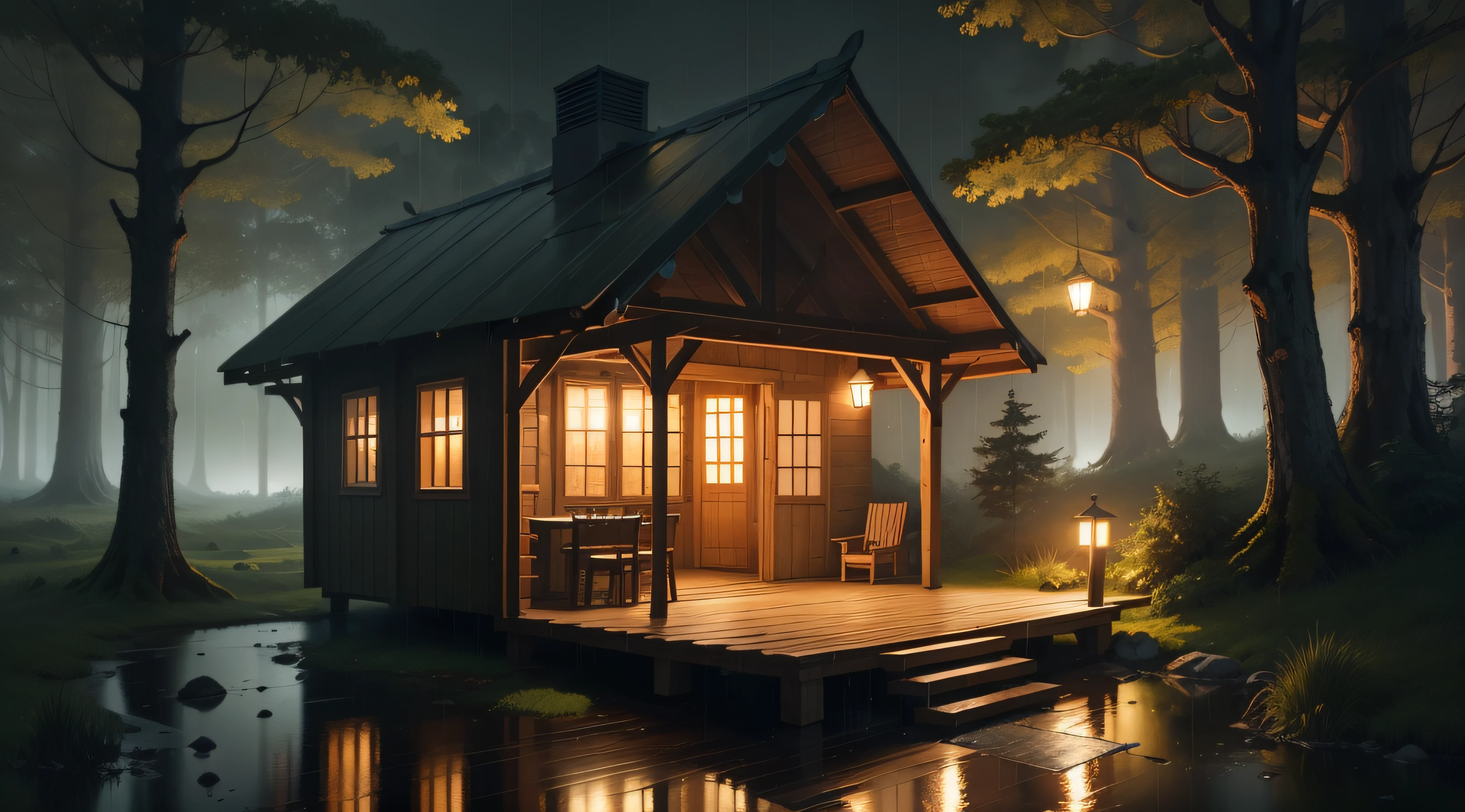 Gentle and perfect rain in a realistic wooden hut in the forest at night