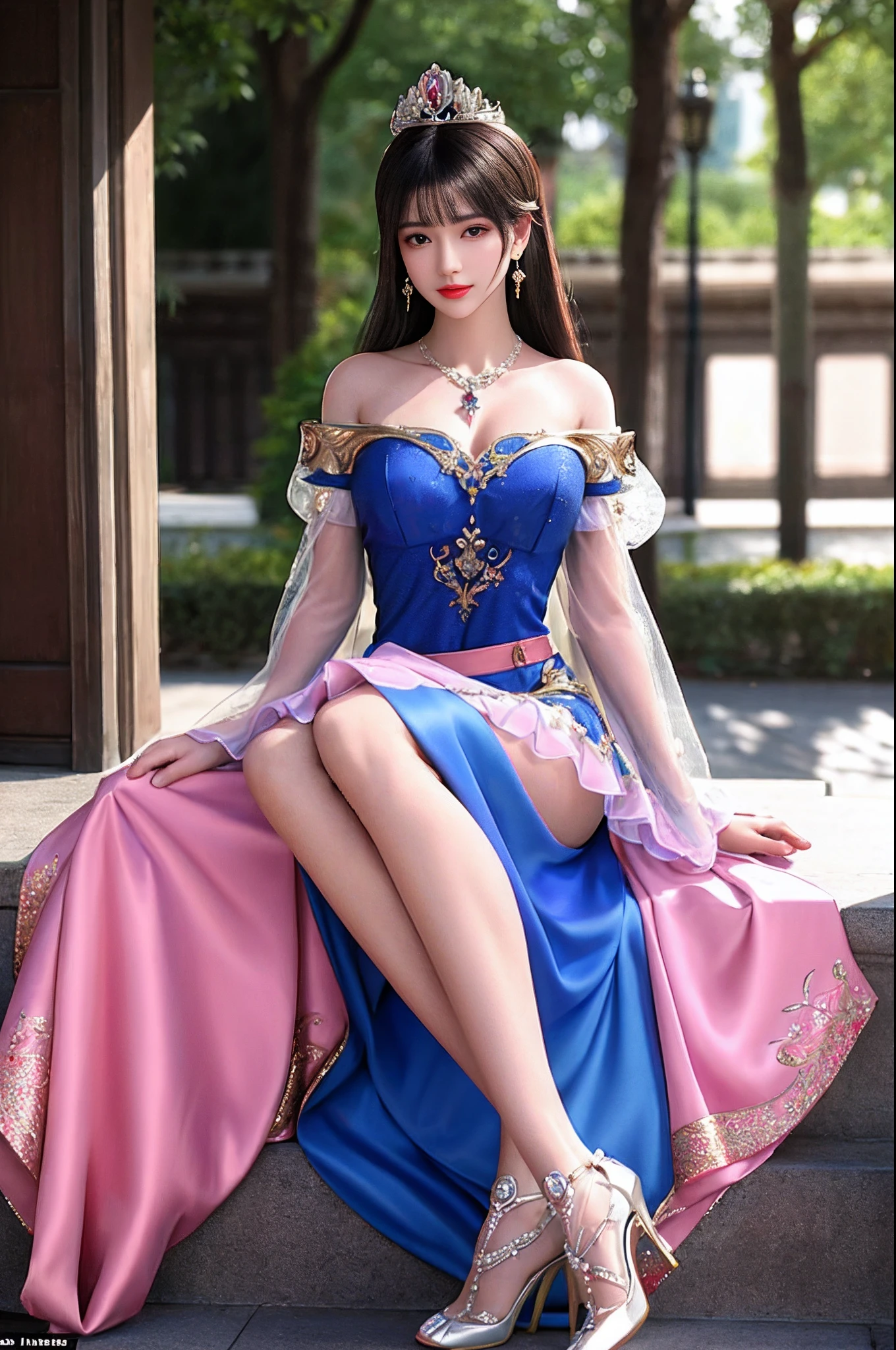(Realisticity: 1.2), Best quality, 8K  UHD, Masterpiece, A high resolution,CG, 1 Super meticulous girl, Super detailed queen，fully body photo，Jade foot，Long legs， Super elaborate palace scene, Inviting, Fox Palace background, Beautiful and detailed, Super fine long hair, Wearing a beautiful and luxurious diamond crown，Super meticulous, Super detailed dress, Super detailed dress sleeves, Super detailed beautiful earrings, Beautiful beautiful necklace，Full of super detailed diamonds, Solo, jewelry, Super detailed red and blue dress, Pretty face, fully body photo，Long legs， Beautiful, Tight noble heels，and super detailed, , Earrings, Super detailed hairstyle, spatter, The upper body is very ultra-delicate, Super delicate bun, Super fine brunette hair, lighting,candid,photographed,high resolution,8K,Bokeh,