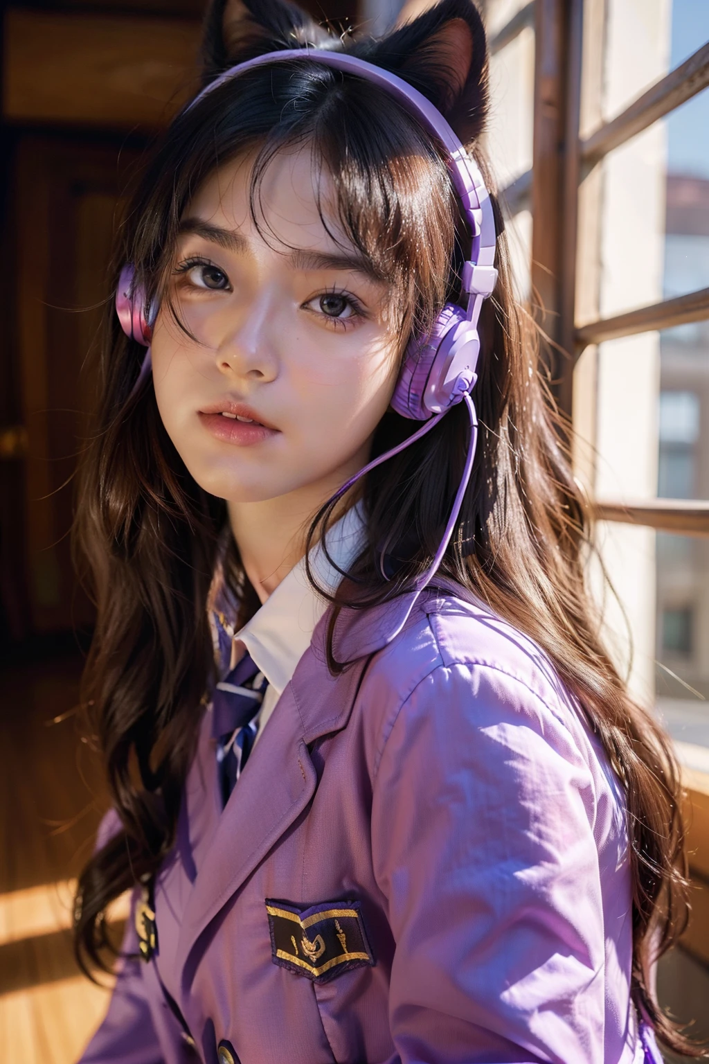 20 years old girl, dynamic camera angle, realistic skin, action lines, high resolution, school Girl with animal ear headphones on, long curly hair, purple eye, cute face, glowing skin, shool uniform, uwu