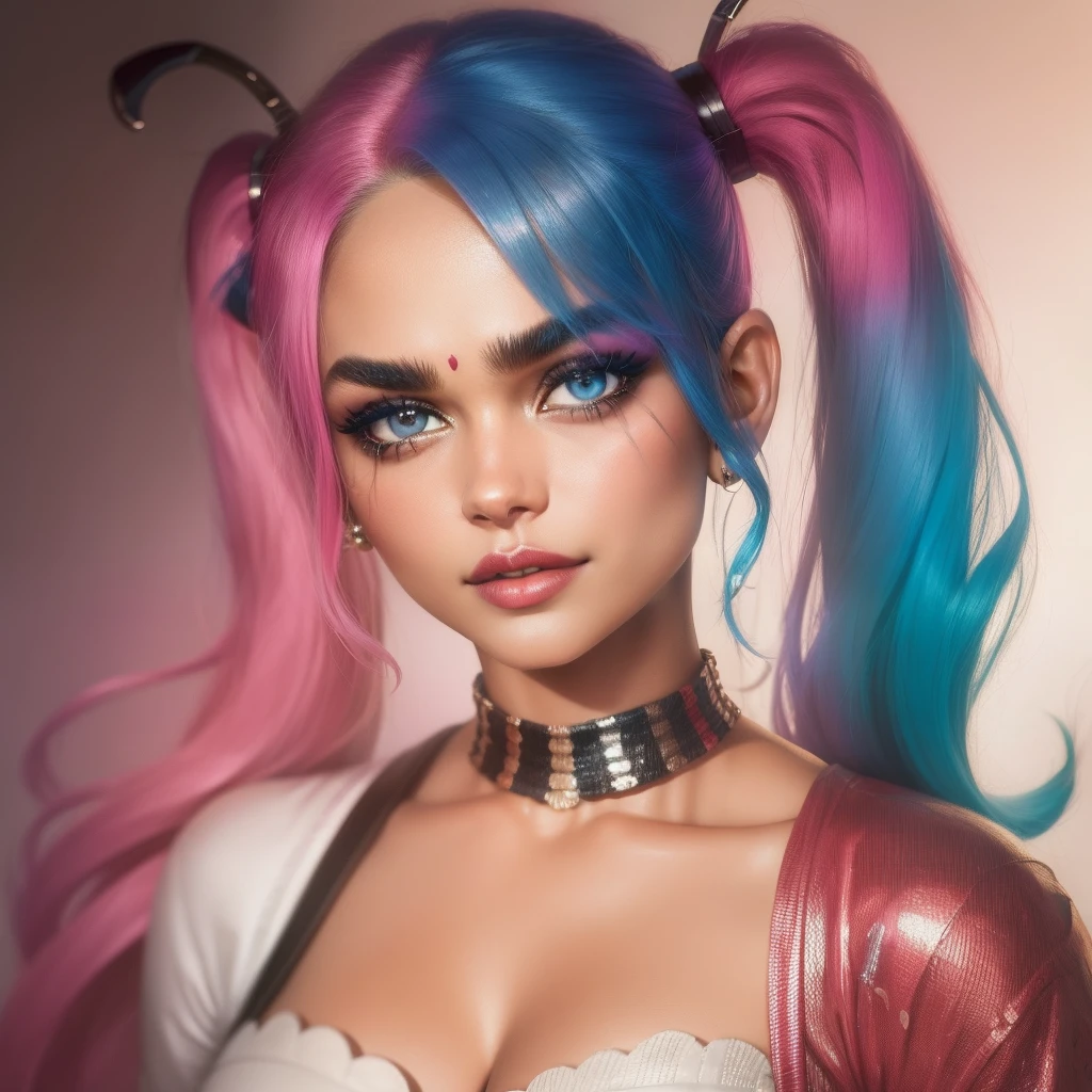 "prompt": "Describe the face of {{cute mrunalt}} as Harley Quinn, with pink and blue hair color.", "context": "mrunalt's portrayal of Harley Quinn brings a captivating and distinctive face to life, accentuated by her vibrant pink and blue hair color. As Harley Quinn, her face is a captivating combination of mischief and charm. mrunalt's features perfectly embody the playful yet unpredictable nature of the character. Her jawline is defined and carries a hint of rebellion, adding to the edginess and boldness of her appearance. Her eyes are striking and filled with a mischievous glint, reflecting Harley Quinn's unpredictable personality. mrunalt's eyebrows are expressive and often emphasized, adding to the intensity of her gaze. Her lips are a focal point, often adorned with vibrant and attention-grabbing lipstick, radiating both playfulness and seduction. Her nose has a natural shape that harmonizes with the rest of her facial features. Margot Robbie's complexion is typically portrayed with a flawless and luminous quality, enhancing the youthful and energetic side of Harley Quinn. Her face showcases a unique blend of animated expressions and a captivating balance of soft and sharp features. Combined with her pink and blue hair color, her face becomes a true embodiment of Harley Quinn's colorful and daring persona. mrunalt's face, complemented by her vibrant hair color, creates an iconic and unforgettable image that captures the essence of the beloved character, with the use of negative space."