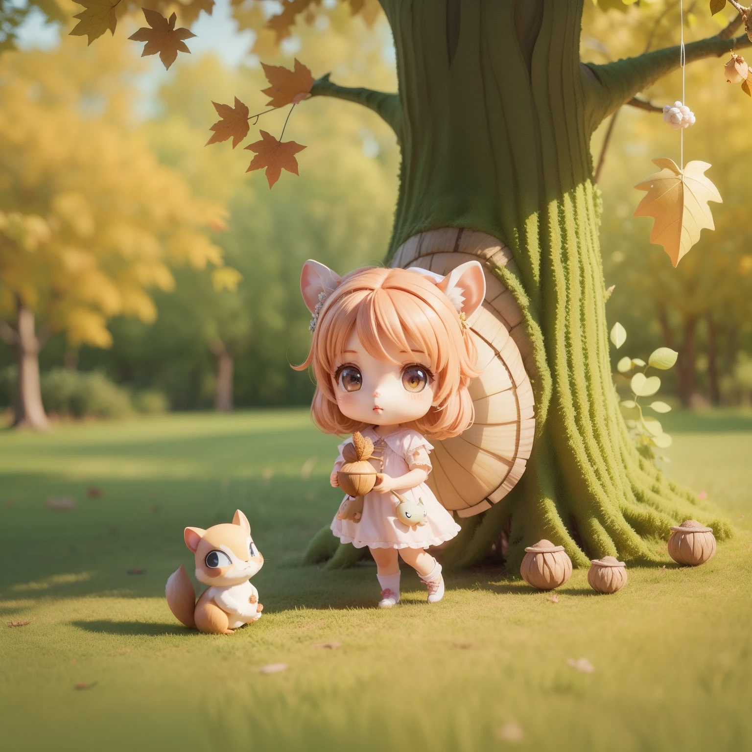Cute Baby Chibi Anime,(((chibi3d))) (best quality) (masterprice)、(Chibi Fairy Squirrel:1.4)、Autumn in the fairytale forest、Holding an acorn in both hands