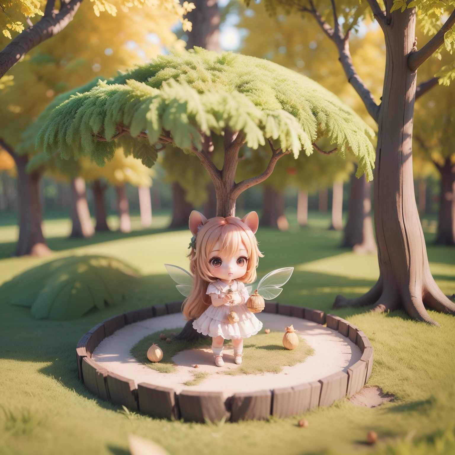 Cute  Chibi Anime,(((chibi3d))) (best quality) (masterprice)、（Chibi Fairy Squirrel:1.4)、Autumn in the fairytale forest、Holding an acorn in both hands