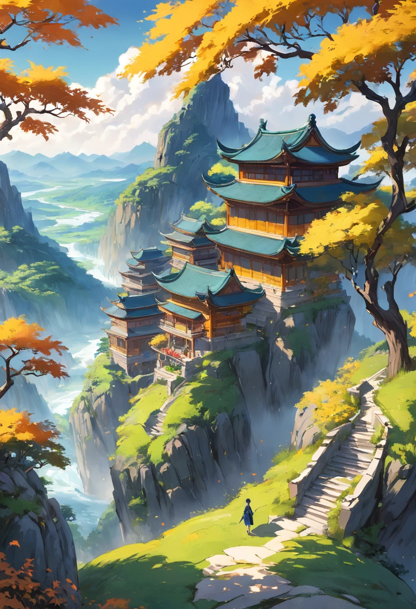 landscape, green hills and castle, bush on side with yellow color, flower on side, bird, peace, (extremely detailed CG unity 8k wallpaper), most beautiful artwork in the world, intricate, High Detail, Sharp focus, dramatic, photorealistic painting art, dreamland, Chinese Landscape Ink Painting High Angle Perspective OC Rendered Sculpture