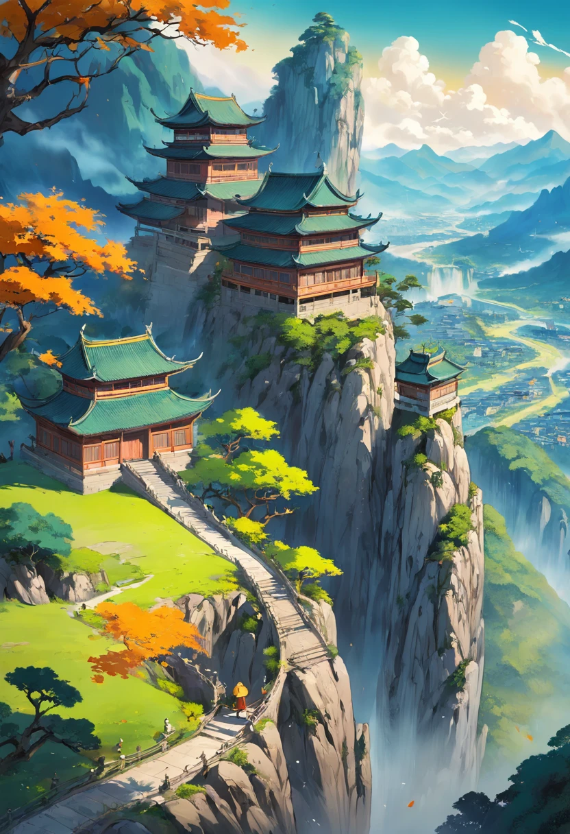 landscape, green hills and castle, bush on side with yellow color, flower on side, bird, peace, (extremely detailed CG unity 8k wallpaper), most beautiful artwork in the world, intricate, High Detail, Sharp focus, dramatic, photorealistic painting art, dreamland, Chinese Landscape Ink Painting High Angle Perspective OC Rendered Sculpture
