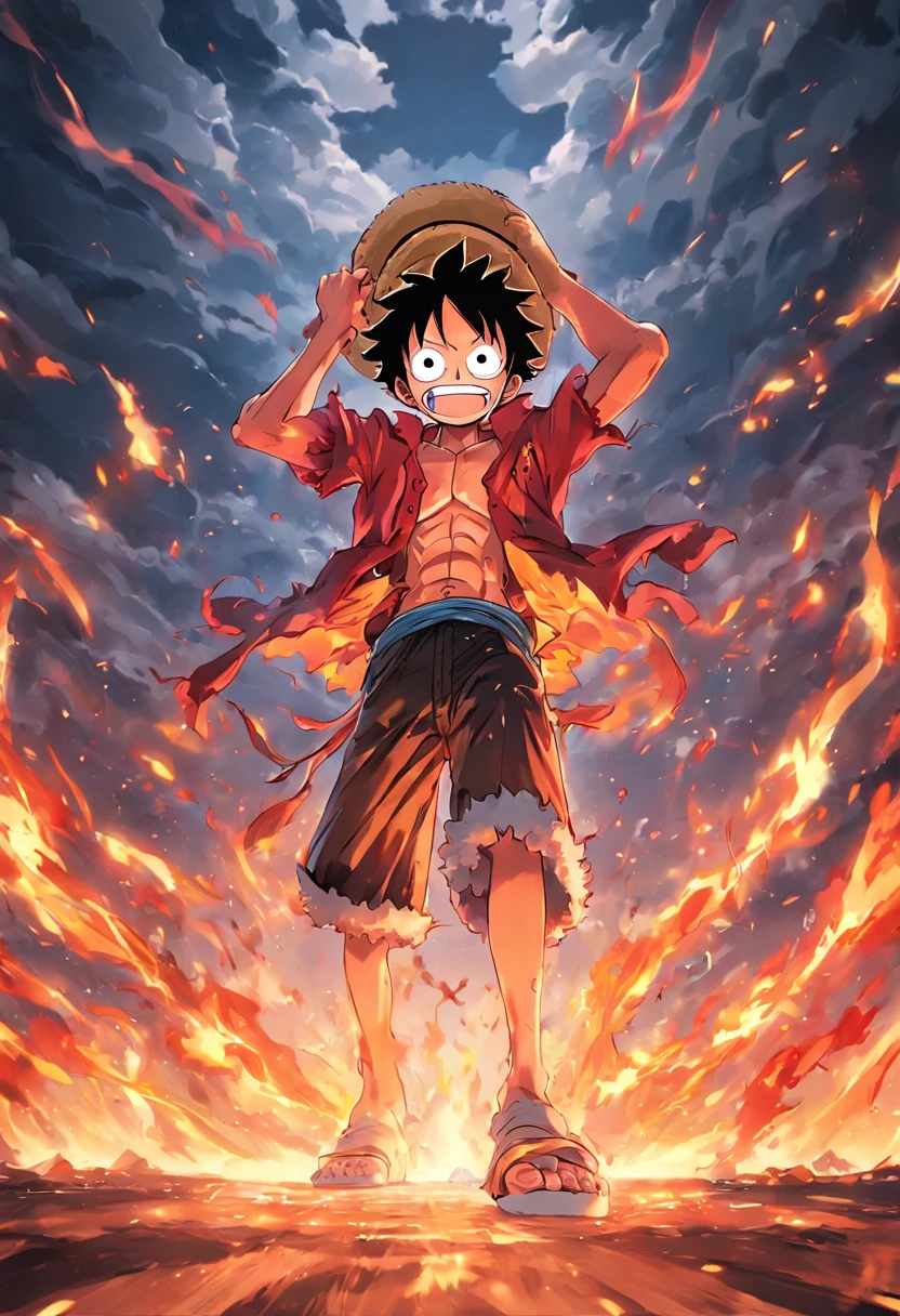 1boys, wanostyle, monkey d luffy, Smiling, Straw hat, look viewer, 独奏, Upper body, ((masterpiece)), (Best quality), (Extremely detailed), Depth of field, sketch, dark intensive shadows, Sharp focus quality, hdr, Colorful, Good composition, There were fires all around, spectacular, Closed shirt, Anime screenshots, Scars under the eyes, getting ready to fight, Dark eyes,deep of field,Sea backgroun,ship,sunrays,Red clothes, amazing.
