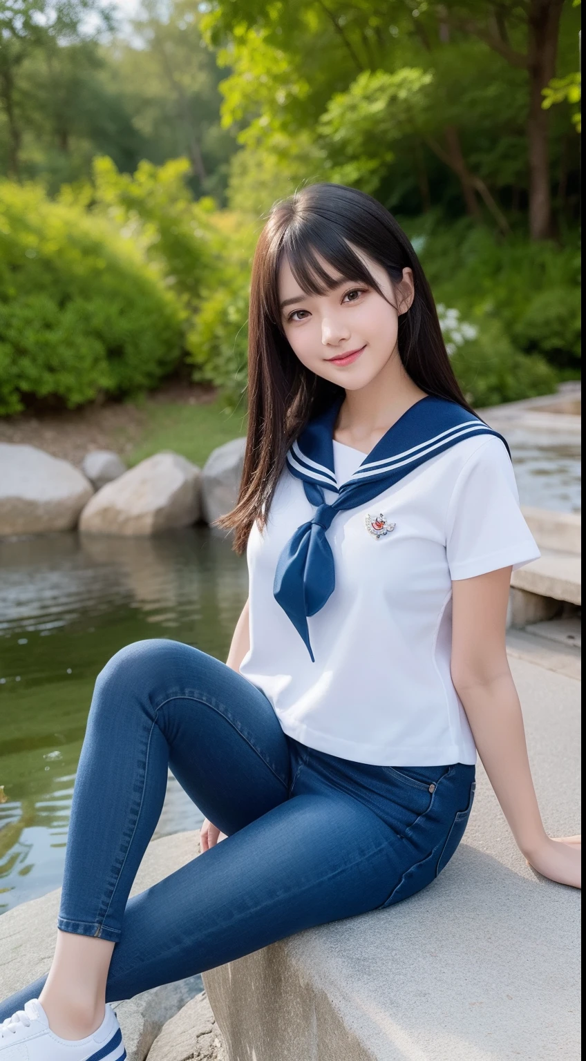 A smiling girl，In sailor suit，Blue skinny jeans，athletic sneakers，Sitting on a large rock by the pond，com rosto detalhado，The eyes are delicate，The photo quality is the best，Realistic image quality，Background diffuse lighting，Depth of field display。