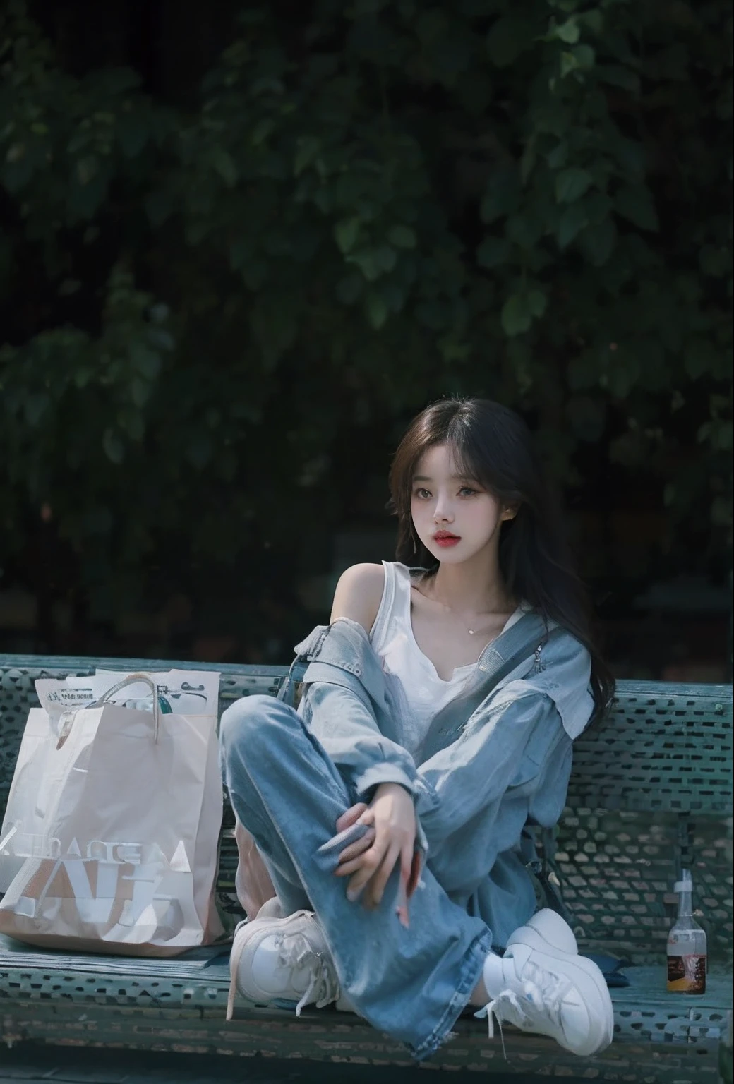 There was a woman sitting on a bench with a bag, ulzzangs, korean women's fashion model, 😭 🤮 💕 🎀, INFP young woman, tzuyu from twice, beautiful lonely girl, bae suzy, jisoo from blackpink, Shin Jinying, inspired by Zou Zhe, Inspired by Zou Yigui, taken with canon 5d mk4