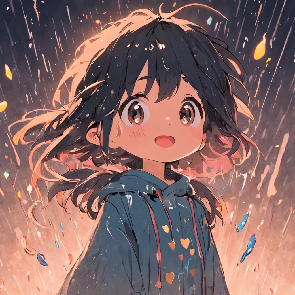 Draw an adorable girl, sorridente, cabelos pretos, Playing in the rain with other children , tudo capturado em um desenho encantador, detalhes intrincados, High definition, 16k inspired by freehand art style, Personagem inocente e angelical