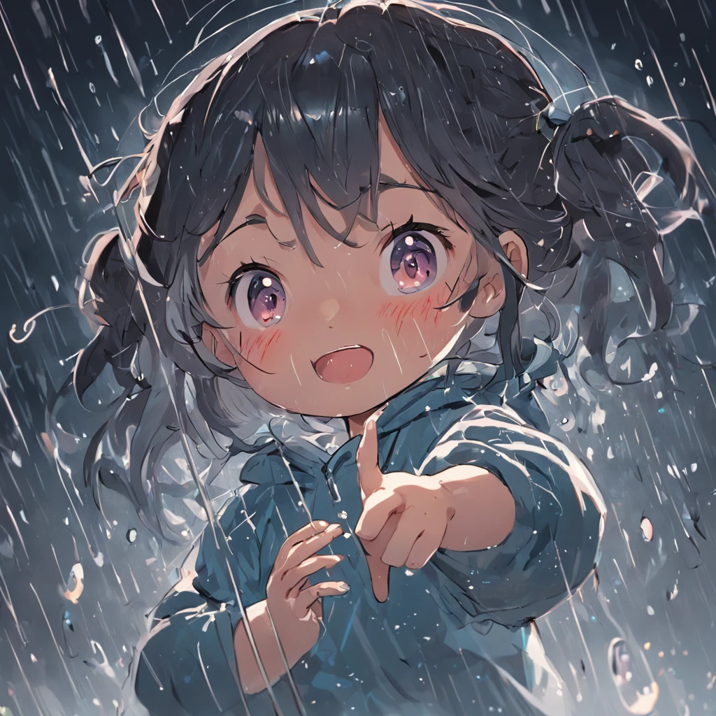 Draw an adorable girl, sorridente, cabelos pretos, Playing in the rain with other children , tudo capturado em um desenho encantador, detalhes intrincados, High definition, 16k inspired by freehand art style, Personagem inocente e angelical