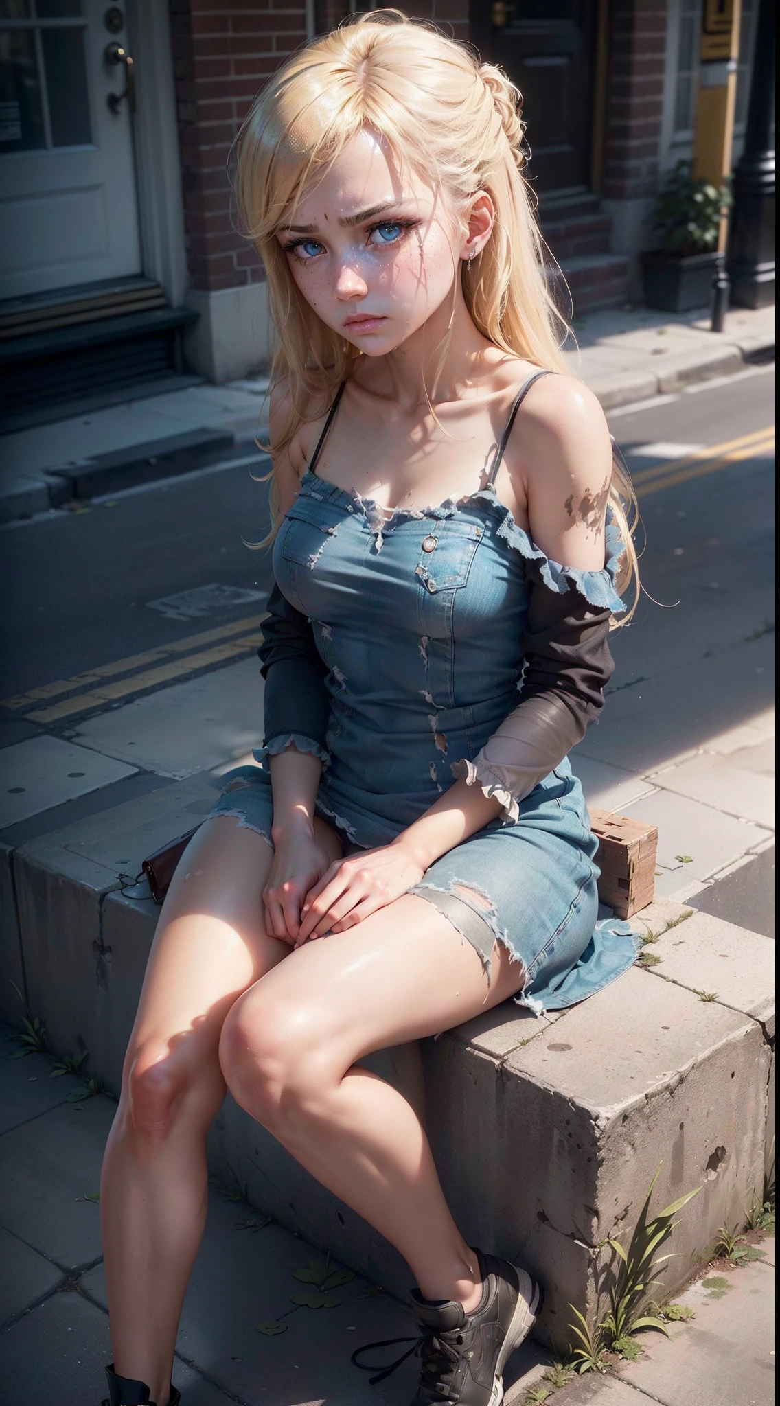 ((ultra high definition)), ((ultra high resolution)), ((ultra sharpness)), ((cinematic)), ((8K)), ((Unreal Engine 5)), ((drugged girl)), ((extremely beautiful)), ((blonde)), ((totally realistic)), ((total fidelity)), ((very slim)), ((side view)), ((perfect body)), ((ultra detailed face)), ((ultra detailed eyes)), ((ultra detailed irises)), ((ultra detailed hands)), ((ultra detailed fingers)), (((alone))), (((full body))), ((spots on the skin)), ((natural lighting)), ((always the same face)), ((repeat always the same face)), ((always the same body)), ((always the same body proportions)), ((wearing a short dress)), ((kensington avenue in philadelphia)), ((alone in the photo)), ((repeat the same clothes)), ((always the same clothes)), ((dirty skin)), ((dirty clothes)), ((tattered clothes)), ((sitting on the sidewalk with my back to the wall)), ((looking at the camera)), ((sad face))