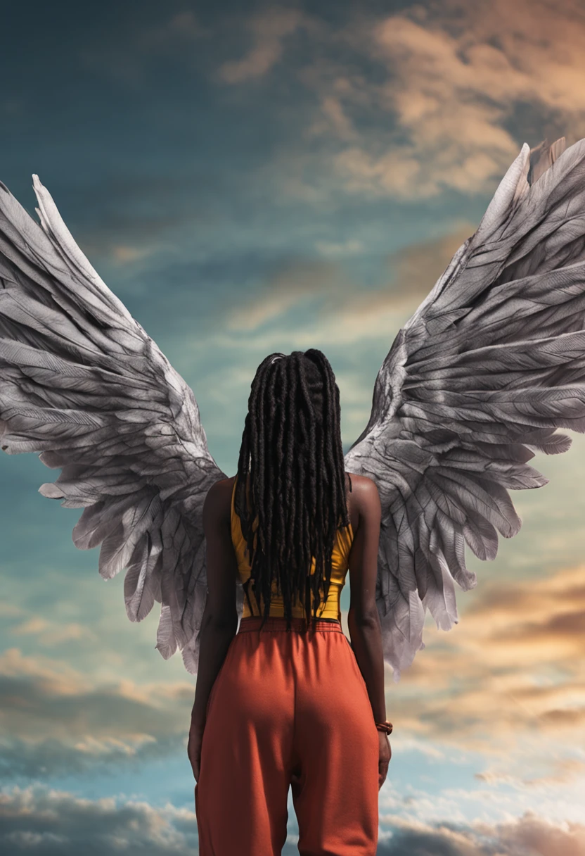 rear shot tilt head Flying black female angel with huge wings wearing baggy saggy urban clothing nike sneakers and dreadlock hair low crouch dip crowning low twerking flex her theighs glutes