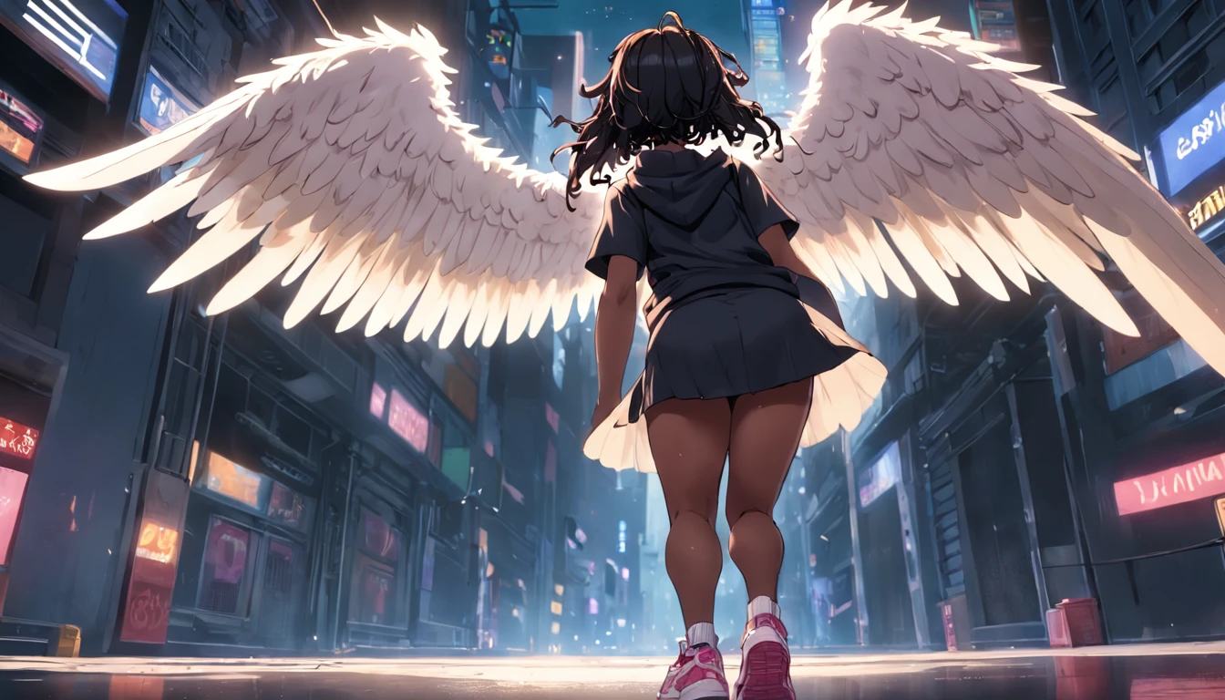 rear shot tilt head Flying black female angel with huge wings wearing baggy saggy urban clothing nike sneakers and dreadlock hair low crouch dip crowning low twerking flex her theighs glutes