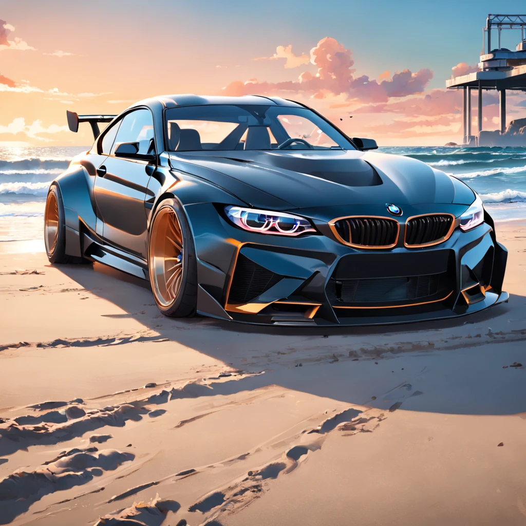Bmw with liberty walk bodykit, riding on beach, in sunshine morning