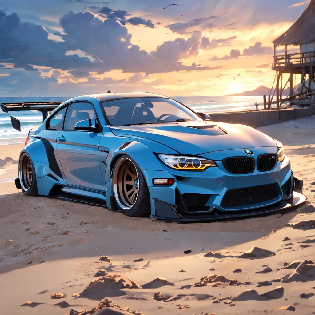 Bmw with liberty walk bodykit, riding on beach, in sunshine morning